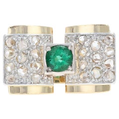 French 1940s Emerald Diamonds 18 Karat Yellow Gold Tank Ring