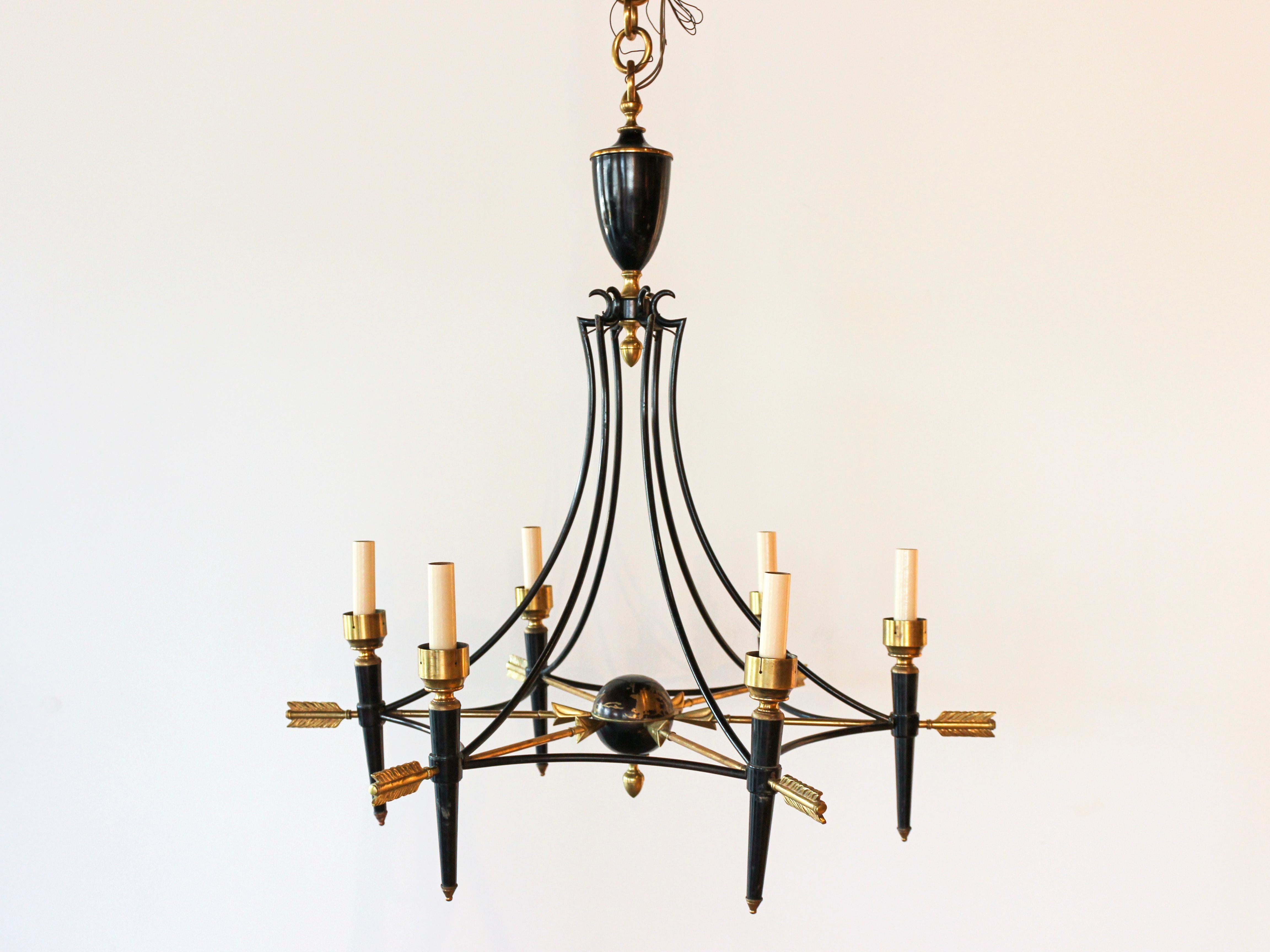 Lacquered French 1940s Maison Jansen Empire Style Brass and Black Metal Arrow Chandelier