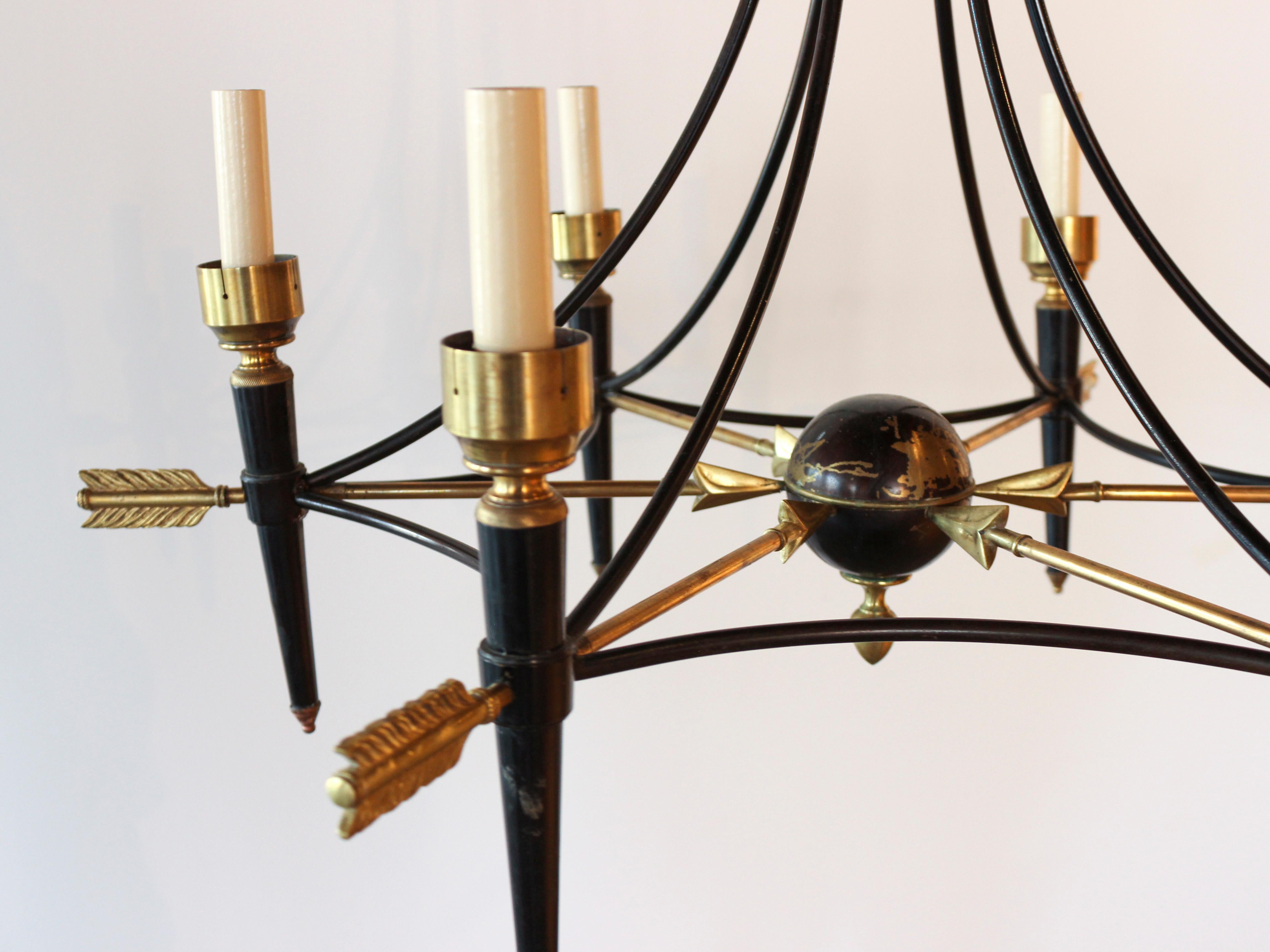 Mid-20th Century French 1940s Maison Jansen Empire Style Brass and Black Metal Arrow Chandelier