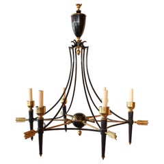 French 1940s Maison Jansen Empire Style Brass and Black Metal Arrow Chandelier