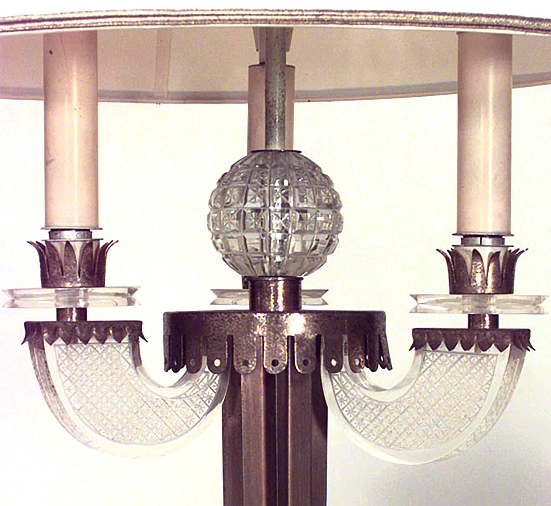 French 1940s fluted brass column floor lamp on 3 scroll legs with 3 etched lucite scroll & palm design arms (Raymond Lorence).
