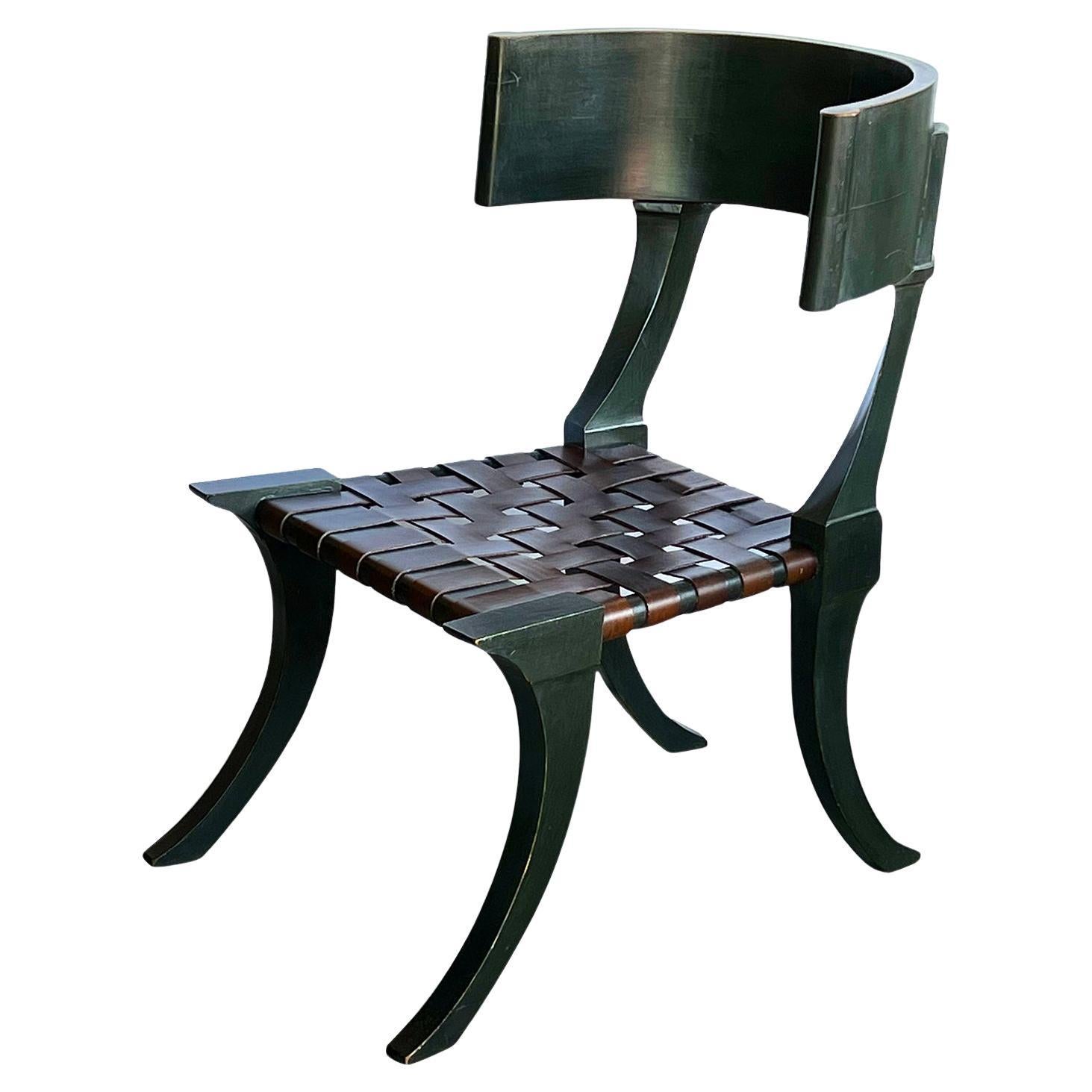 French 1940's Forest-Green Painted Klismos Chair with Leather Strapwork Seat