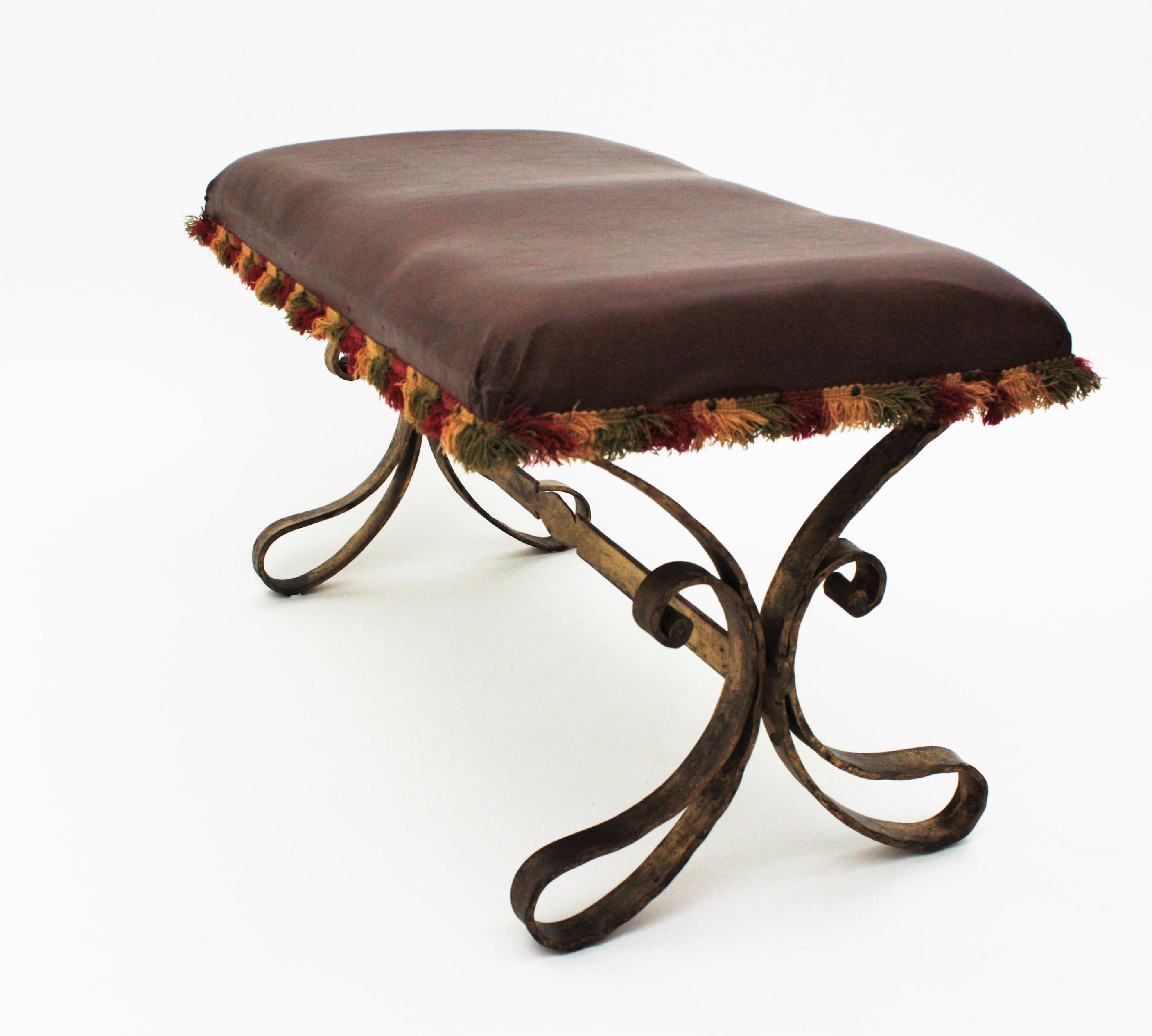 Faux Leather French 1940s Gilbert Poillerat Wrought Gilt Iron Large Bench / Stool / Ottoman For Sale