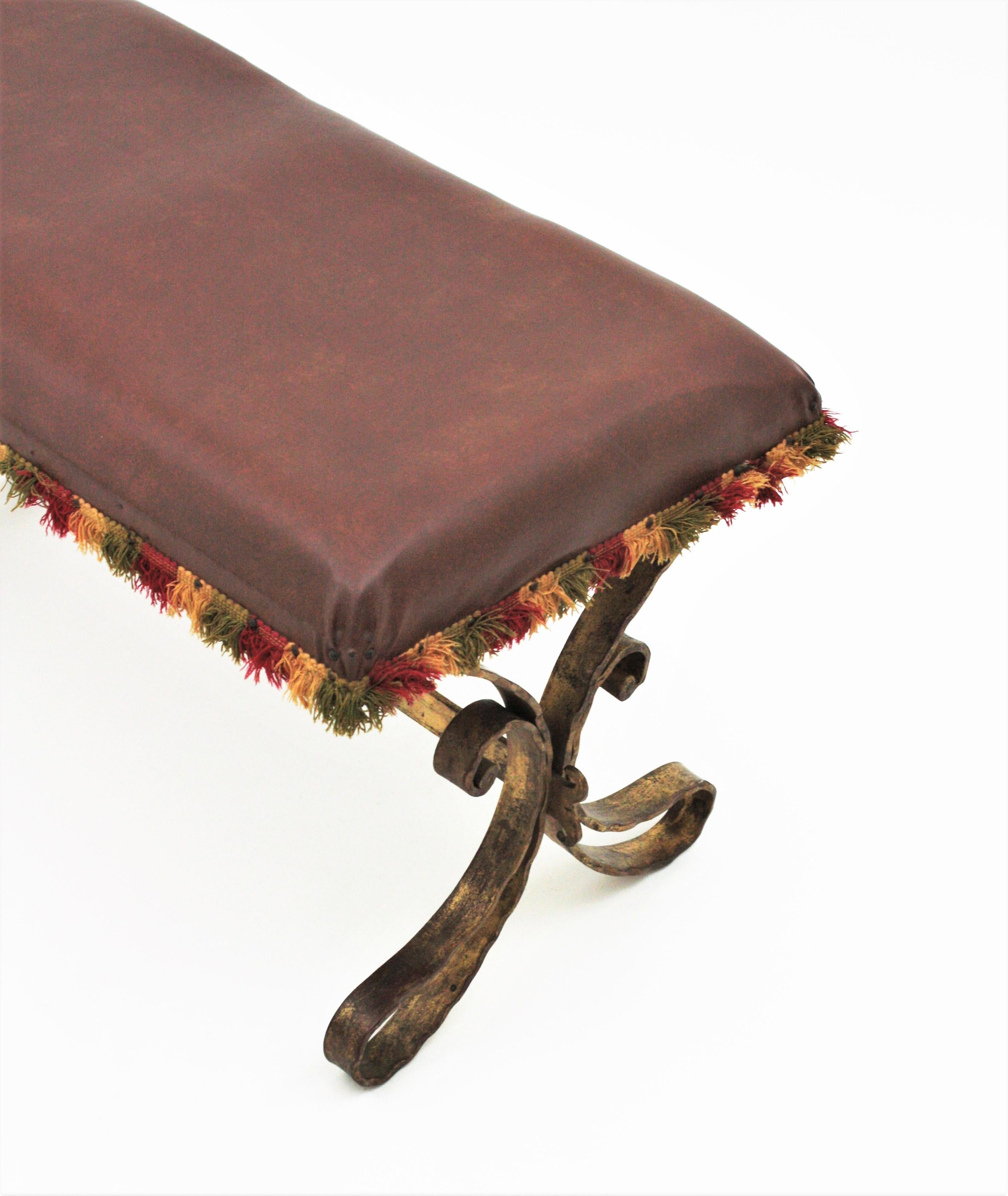 French 1940s Gilbert Poillerat Wrought Gilt Iron Large Bench / Stool / Ottoman For Sale 1