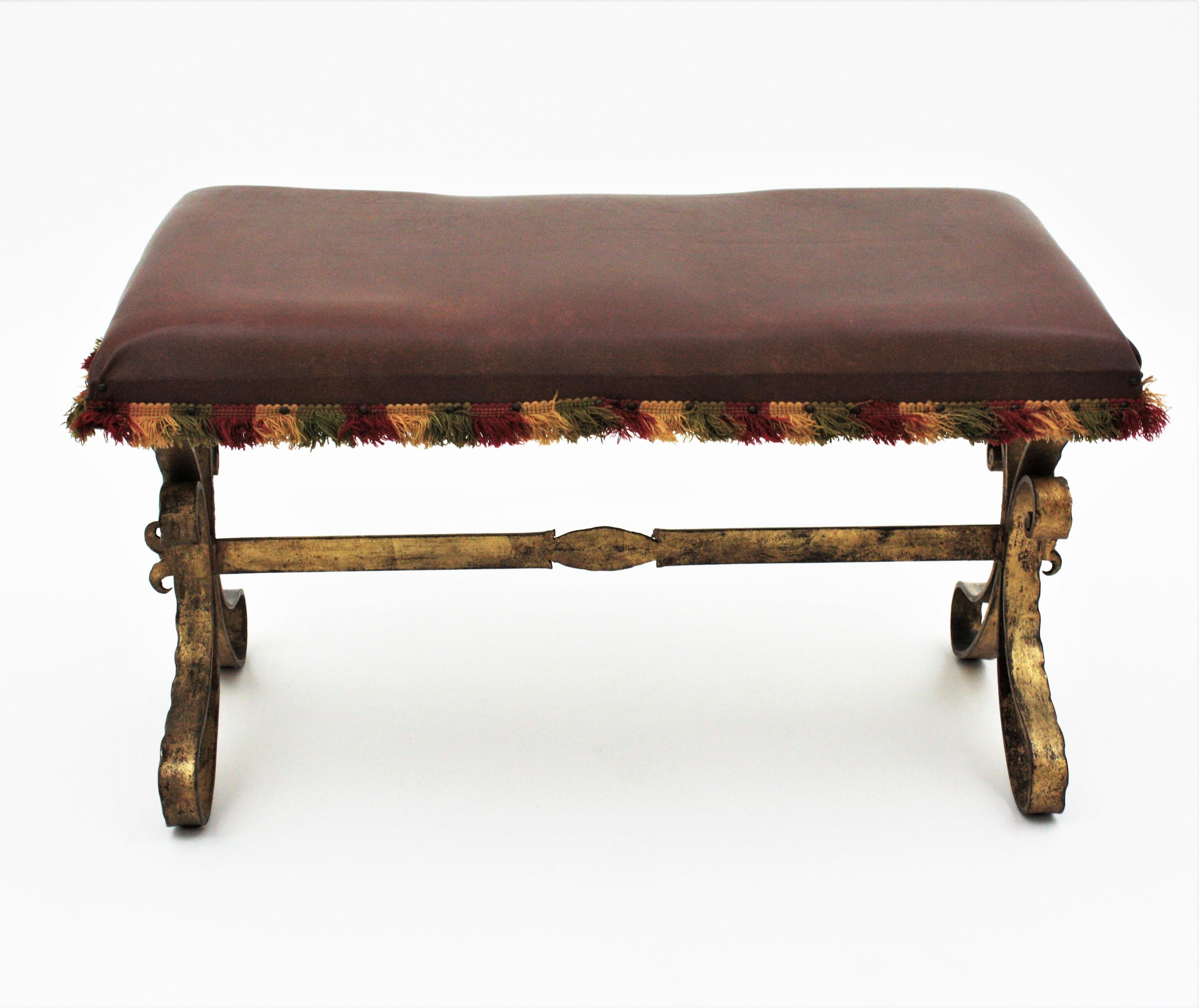 French 1940s Gilbert Poillerat Wrought Gilt Iron Large Bench / Stool / Ottoman For Sale 2