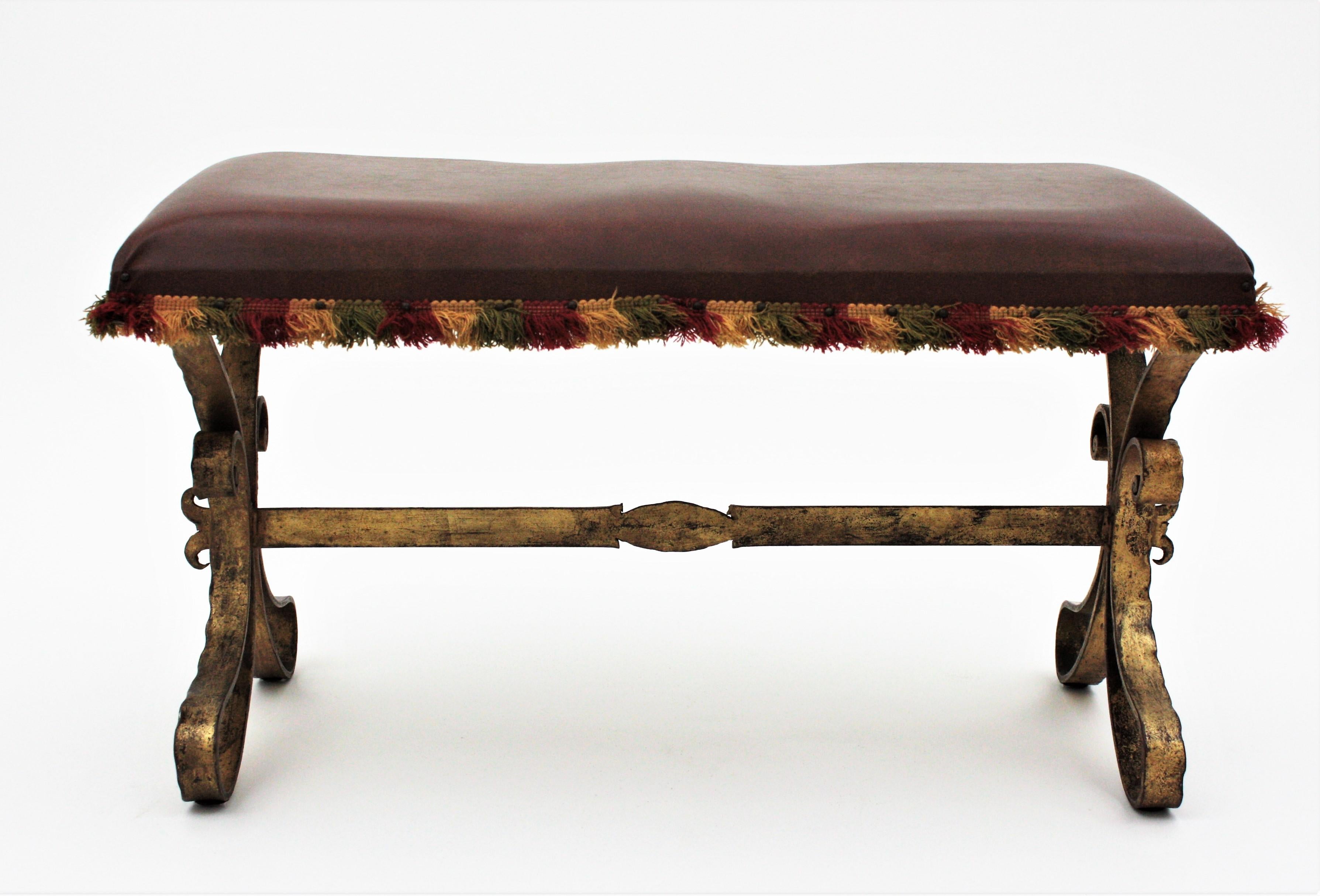 Hammered French 1940s Gilbert Poillerat Wrought Gilt Iron Large Bench / Stool / Ottoman For Sale