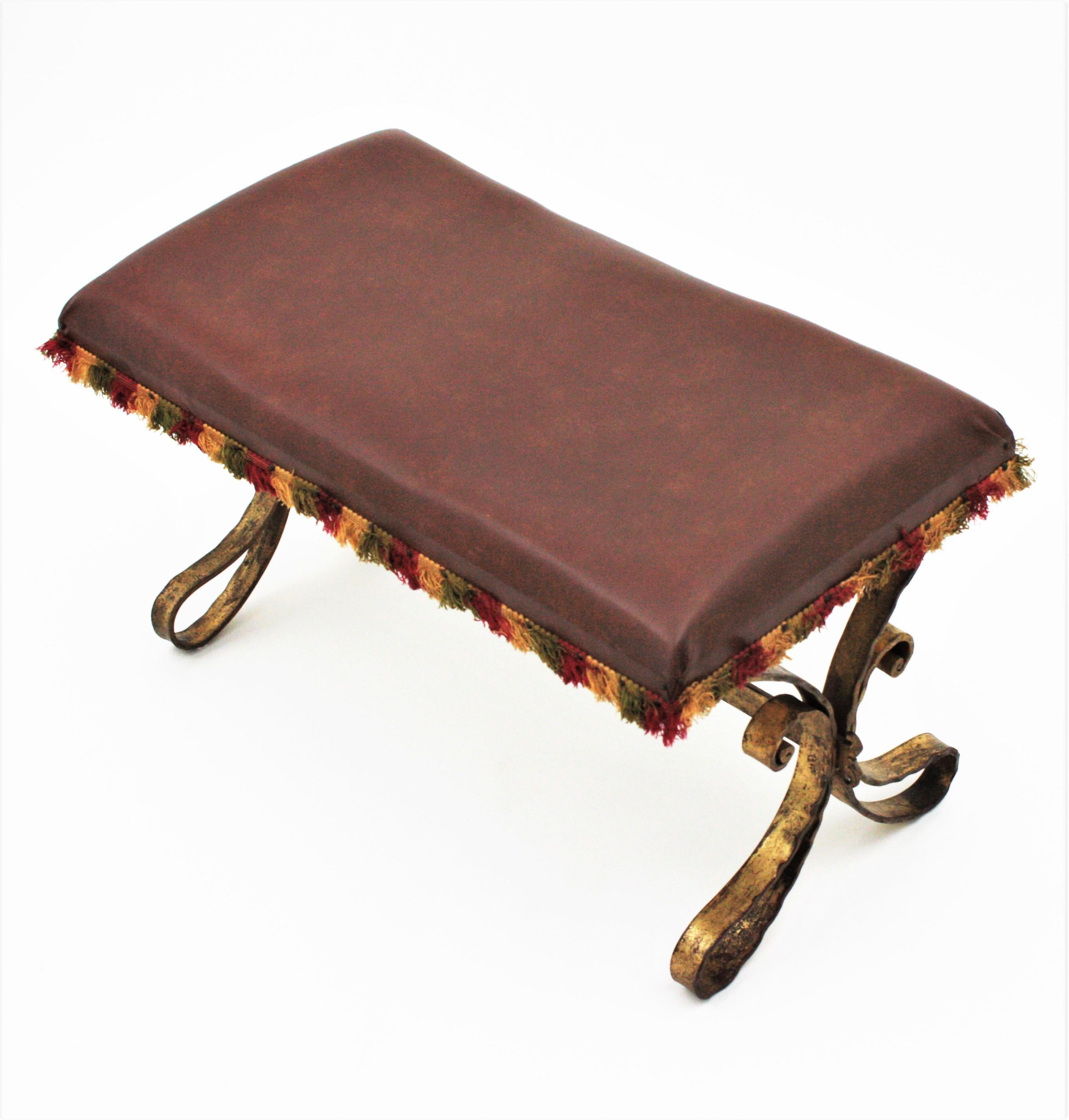 20th Century French 1940s Gilbert Poillerat Wrought Gilt Iron Large Bench / Stool / Ottoman For Sale