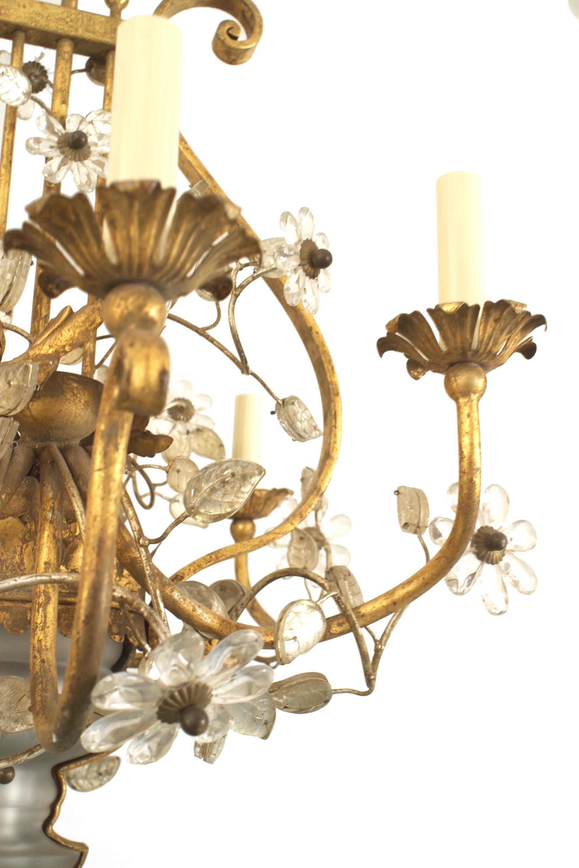 Art Deco Maison Bagues French Mid-Century Gilt Iron Floral Lyre Chandelier