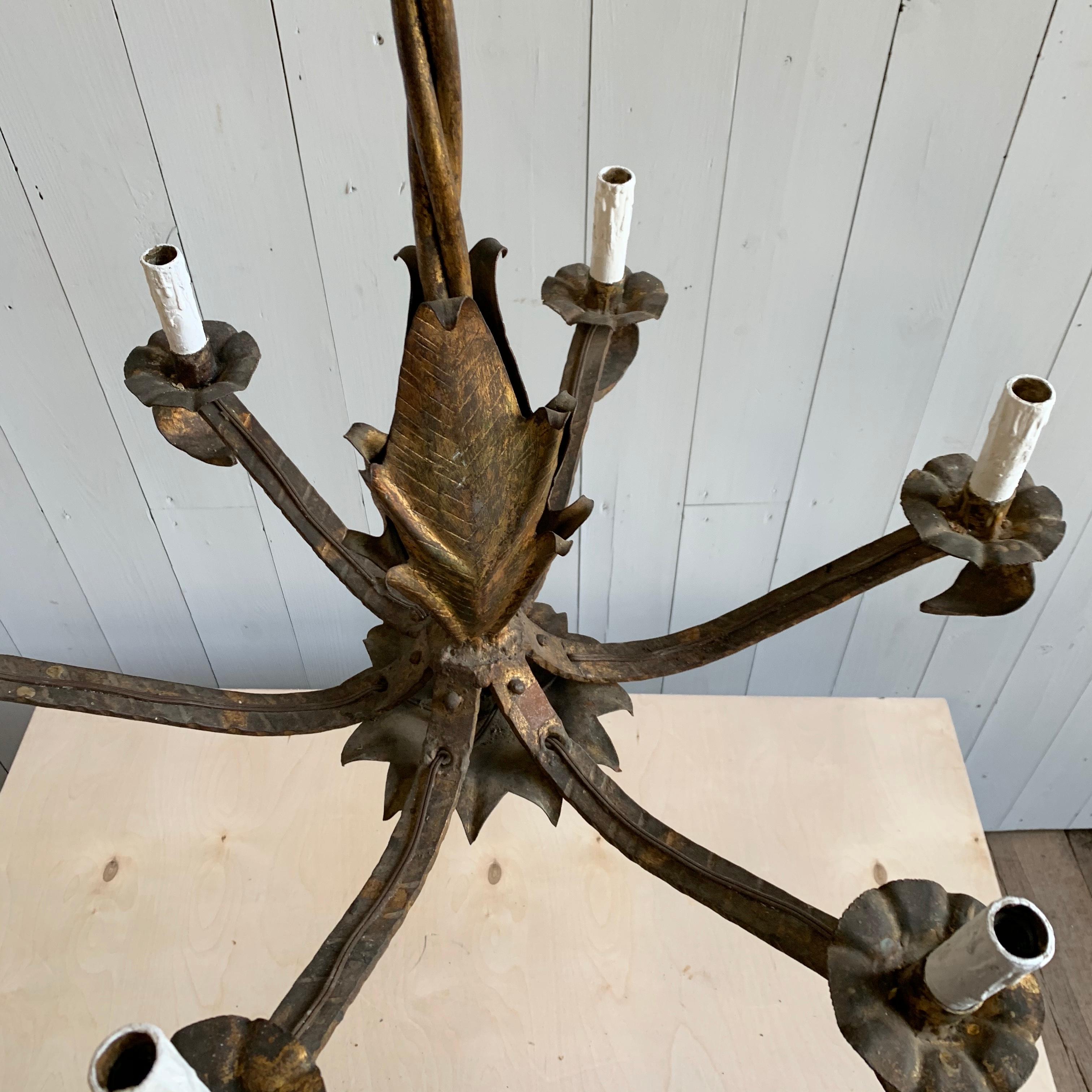 French 1940s Gilt Iron Chandelier 6