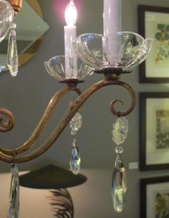 French 1940s Gilt-Metal 6-Light Chandelier with Crystal Pendants