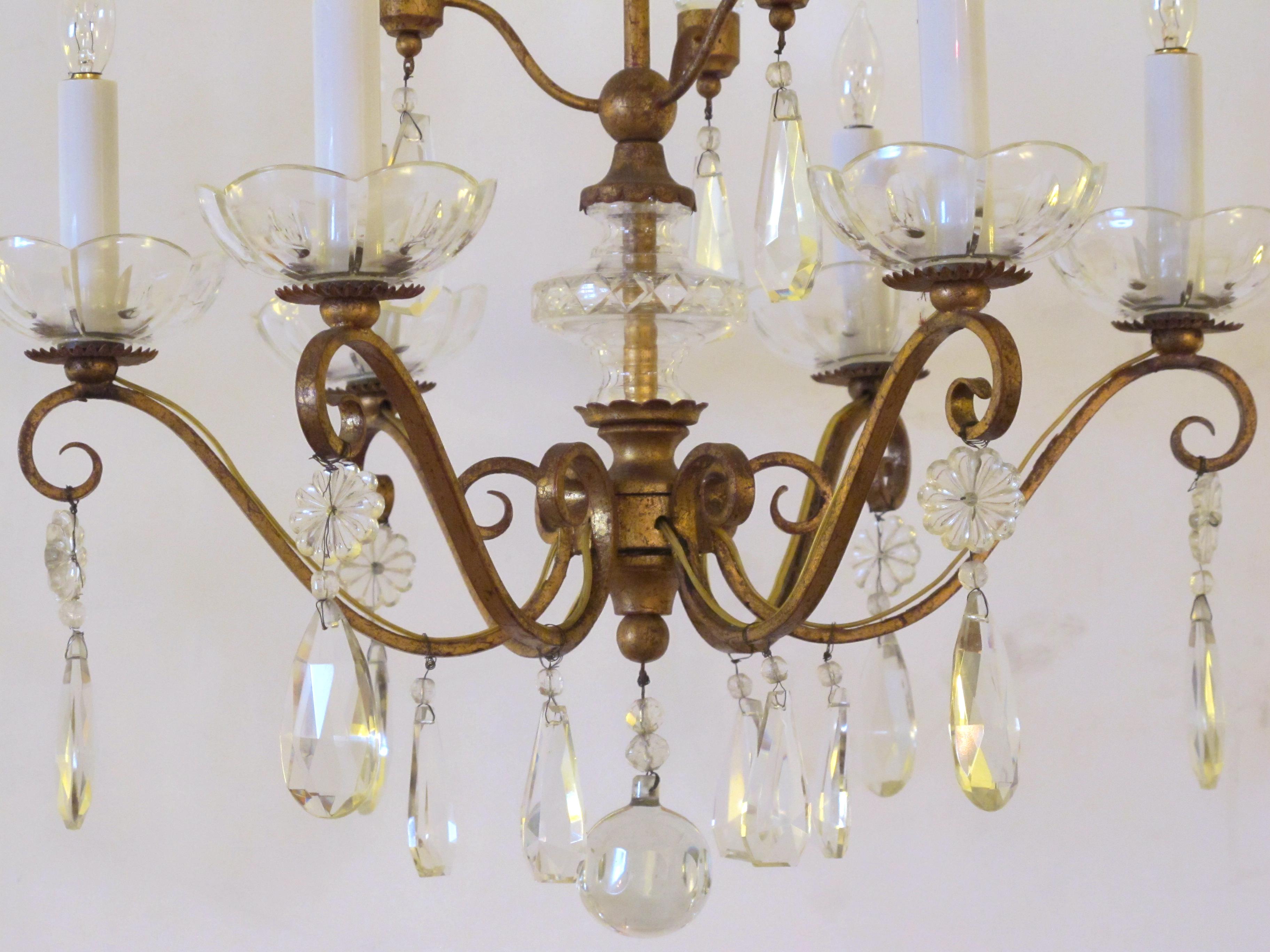 Art Deco French 1940s Gilt-Metal 6-Light Chandelier with Crystal Pendants For Sale