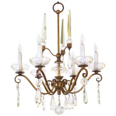 French 1940s Gilt-Metal 6-Light Chandelier with Crystal Pendants