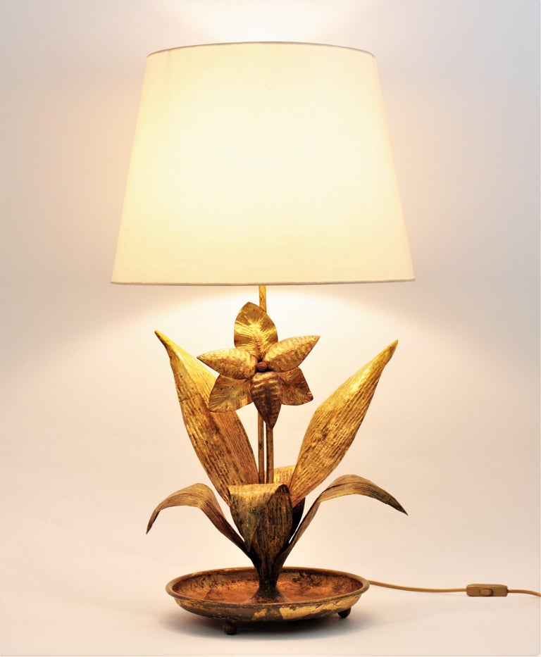 French 1940s Gilt Metal Floral Table Lamp at 1stDibs