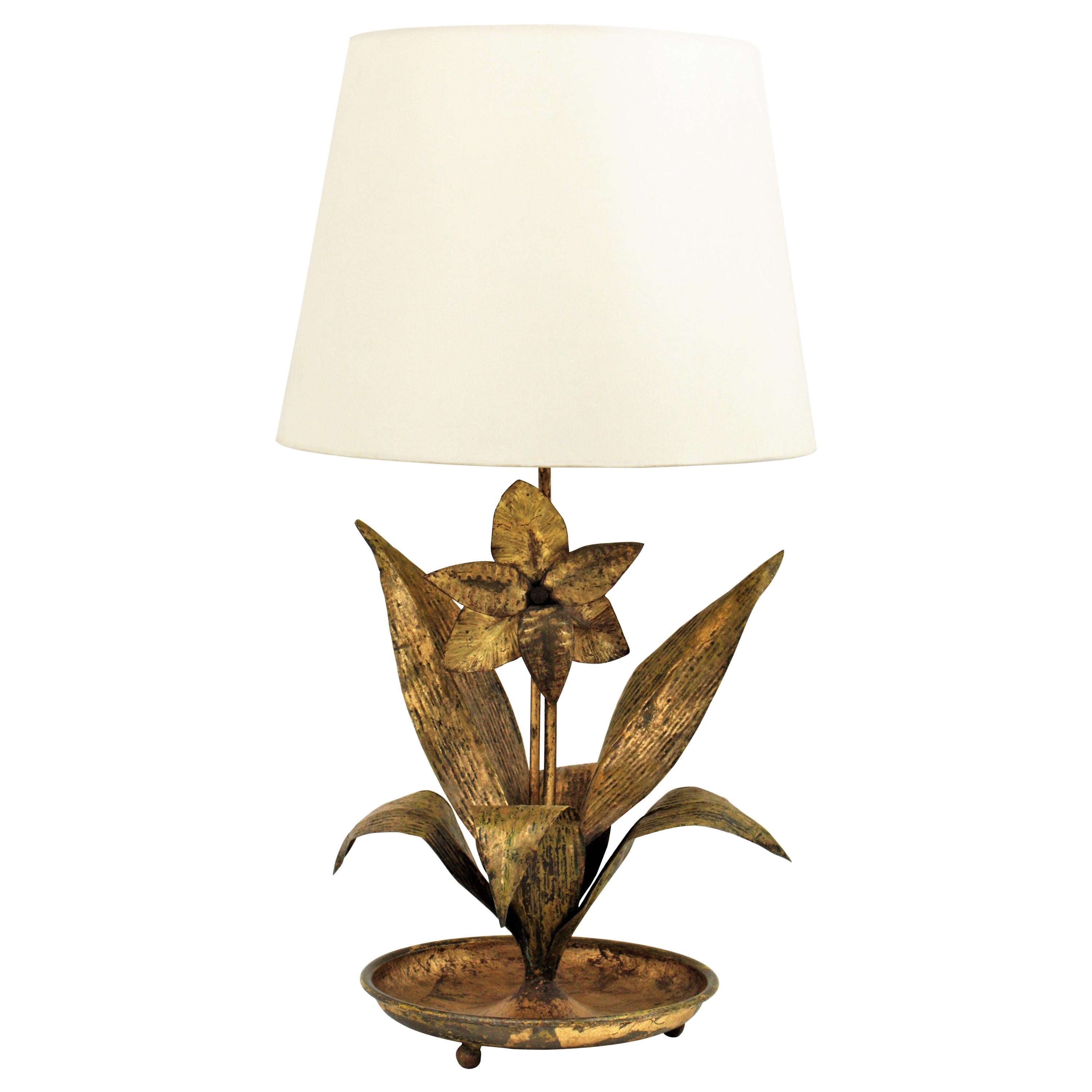 French 1940s Gilt Metal Floral Table Lamp