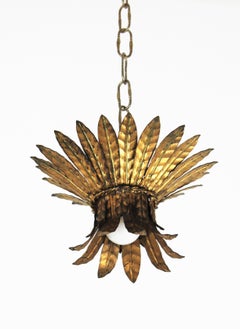 French 1940s Gilt Metal Leaves Bouquet Crown Ceiling Light Fixture