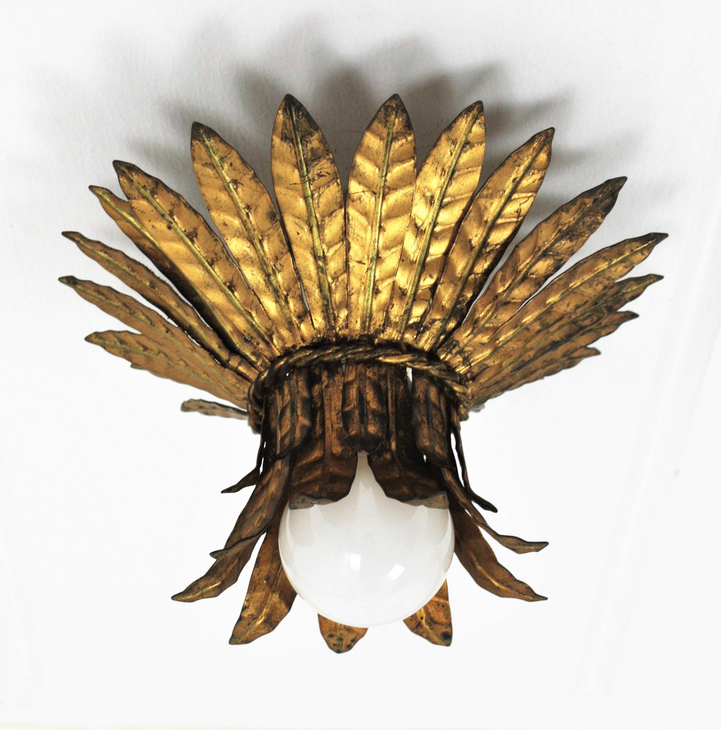 Hollywood Regency French 1940s Gilt Metal Leaves Bouquet Crown Ceiling Light Fixture