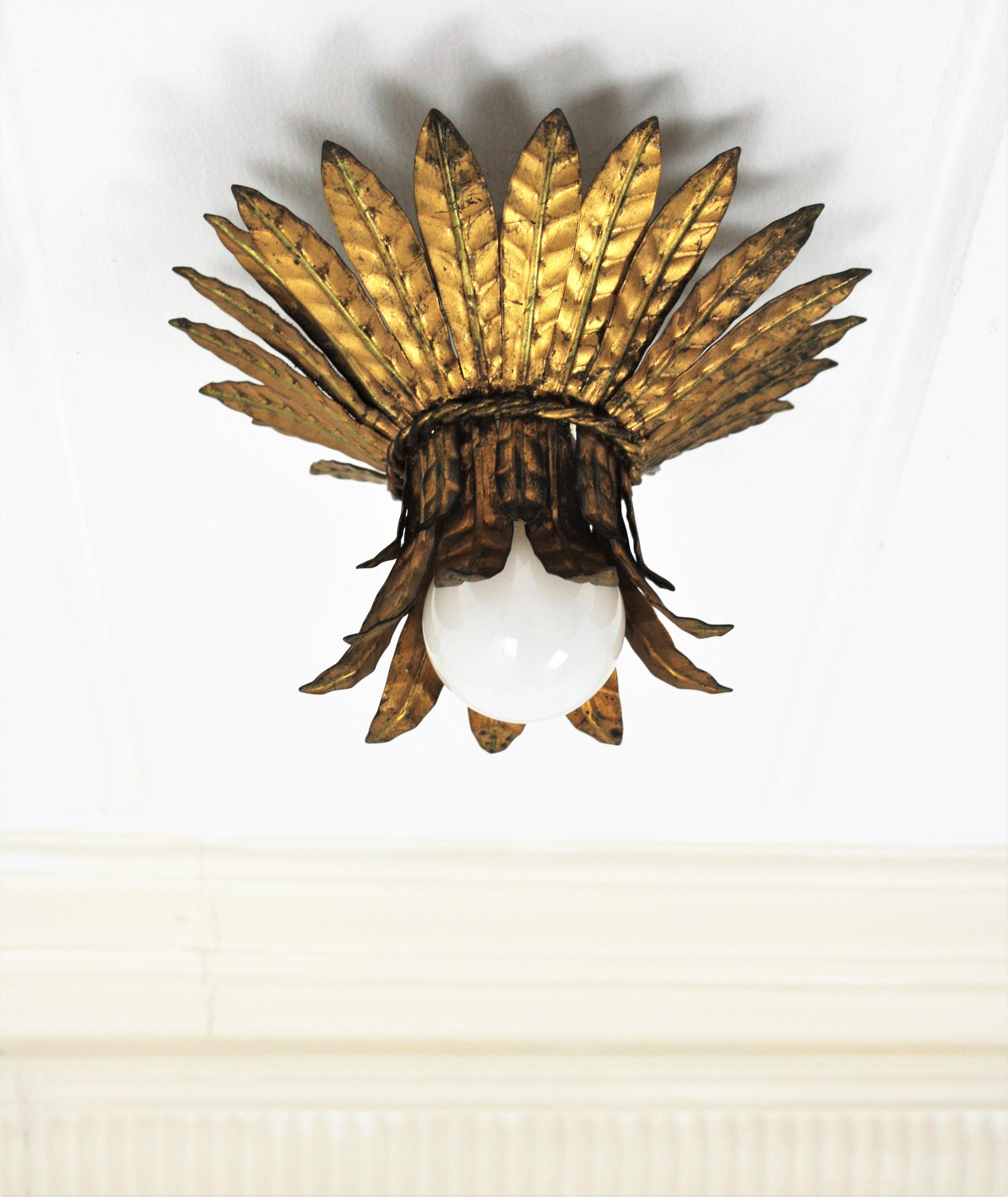 20th Century French 1940s Gilt Metal Leaves Bouquet Crown Ceiling Light Fixture