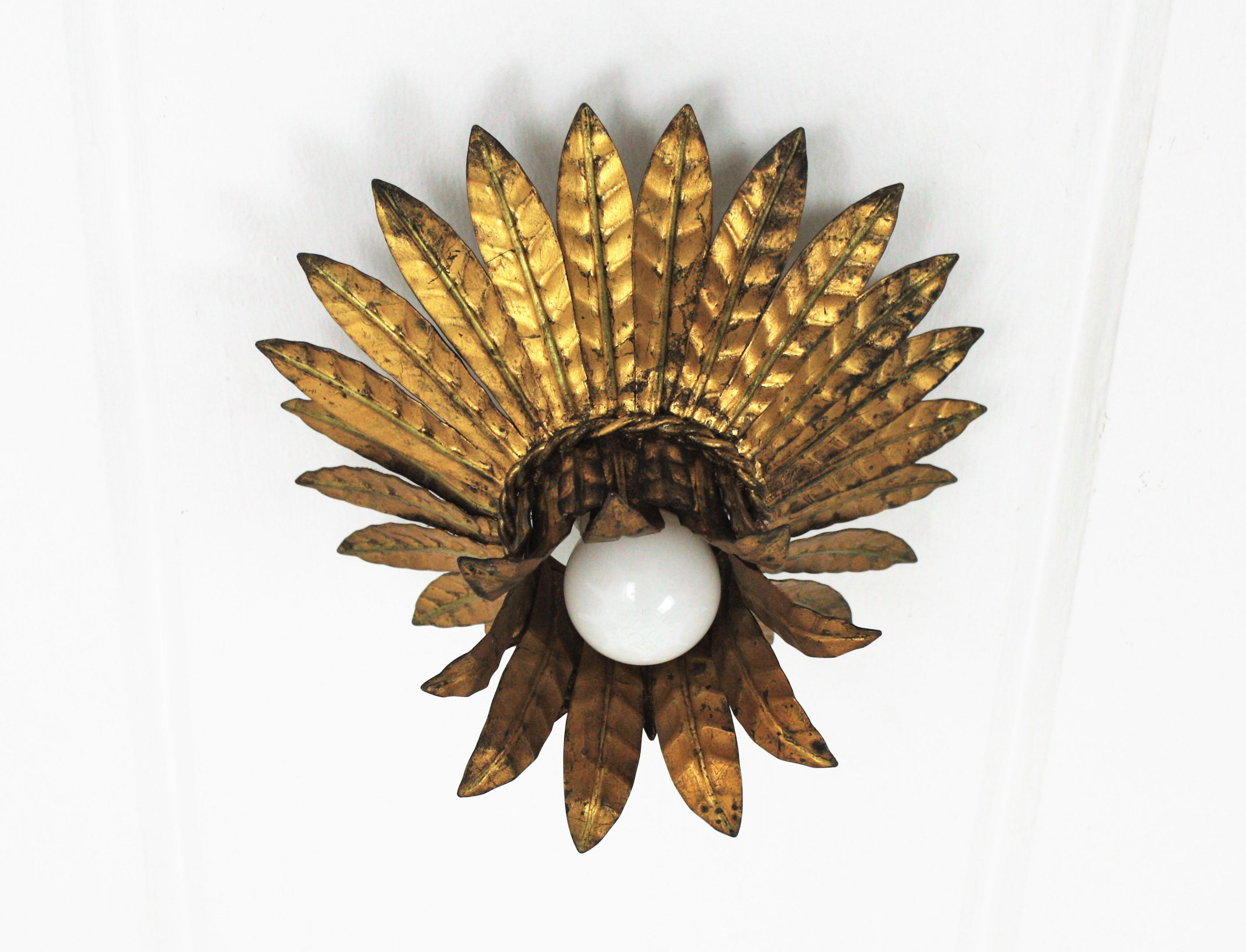 Gold Leaf French 1940s Gilt Metal Leaves Bouquet Crown Ceiling Light Fixture