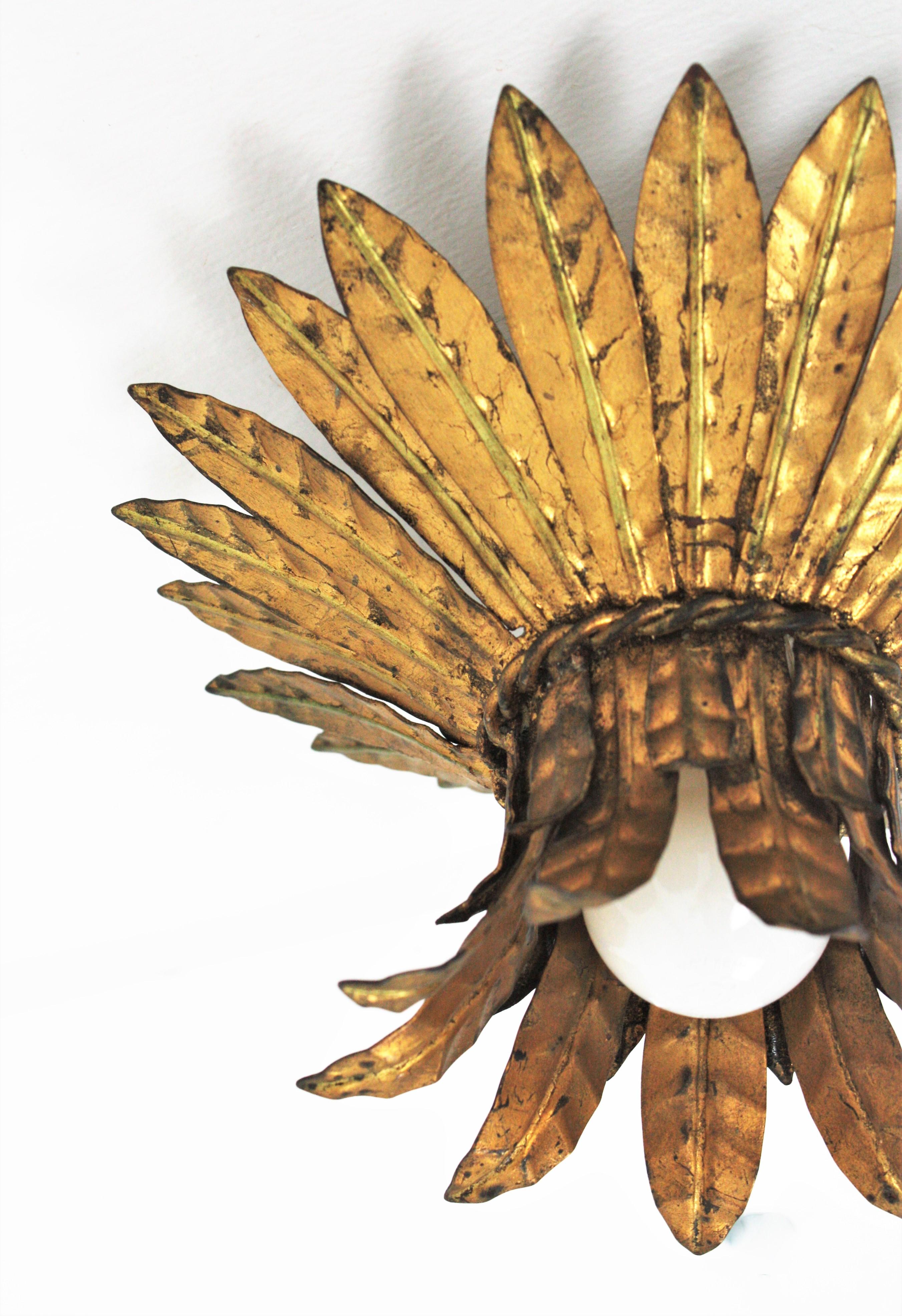 French 1940s Gilt Metal Leaves Bouquet Crown Ceiling Light Fixture 1