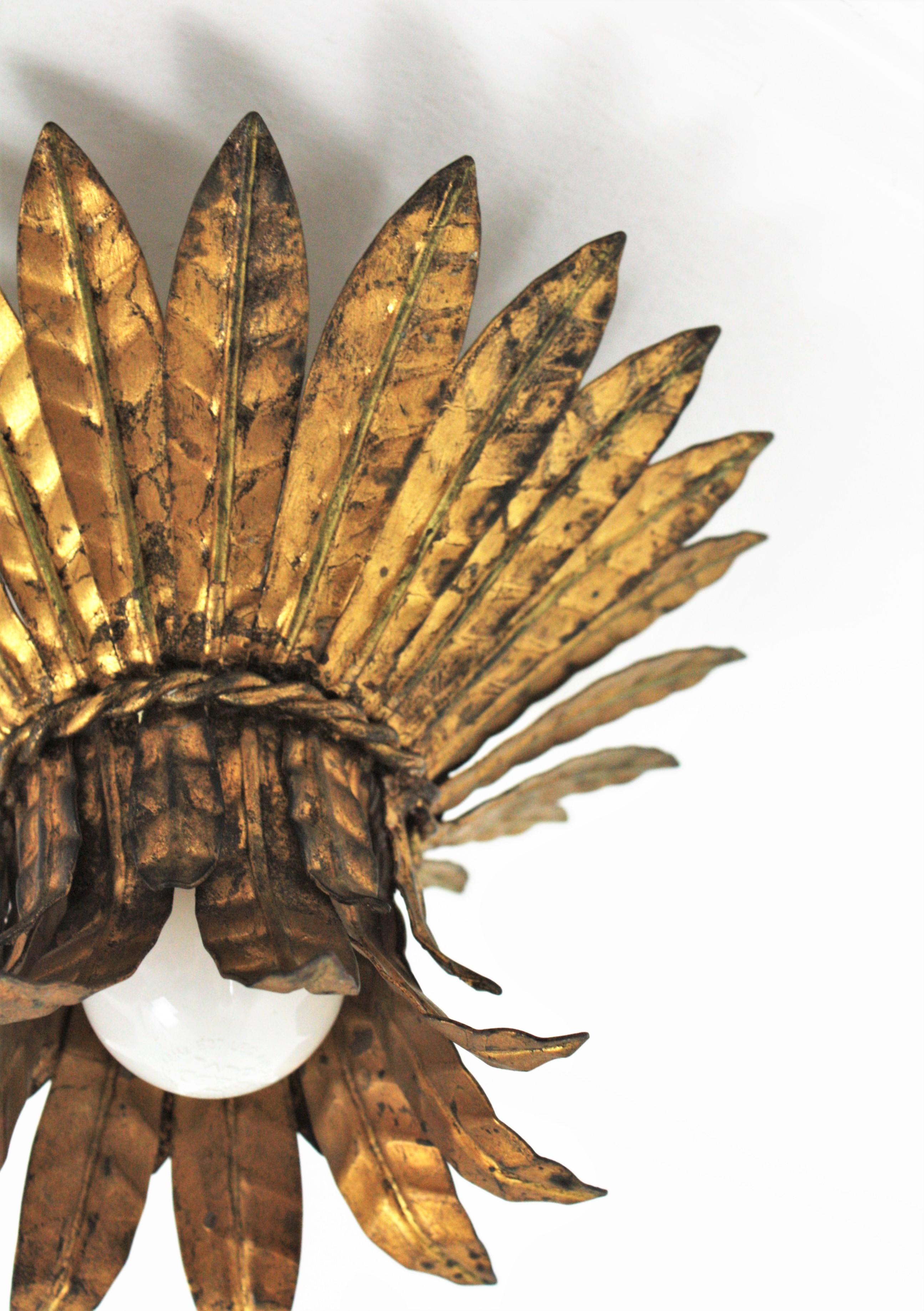 French 1940s Gilt Metal Leaves Bouquet Crown Ceiling Light Fixture 2