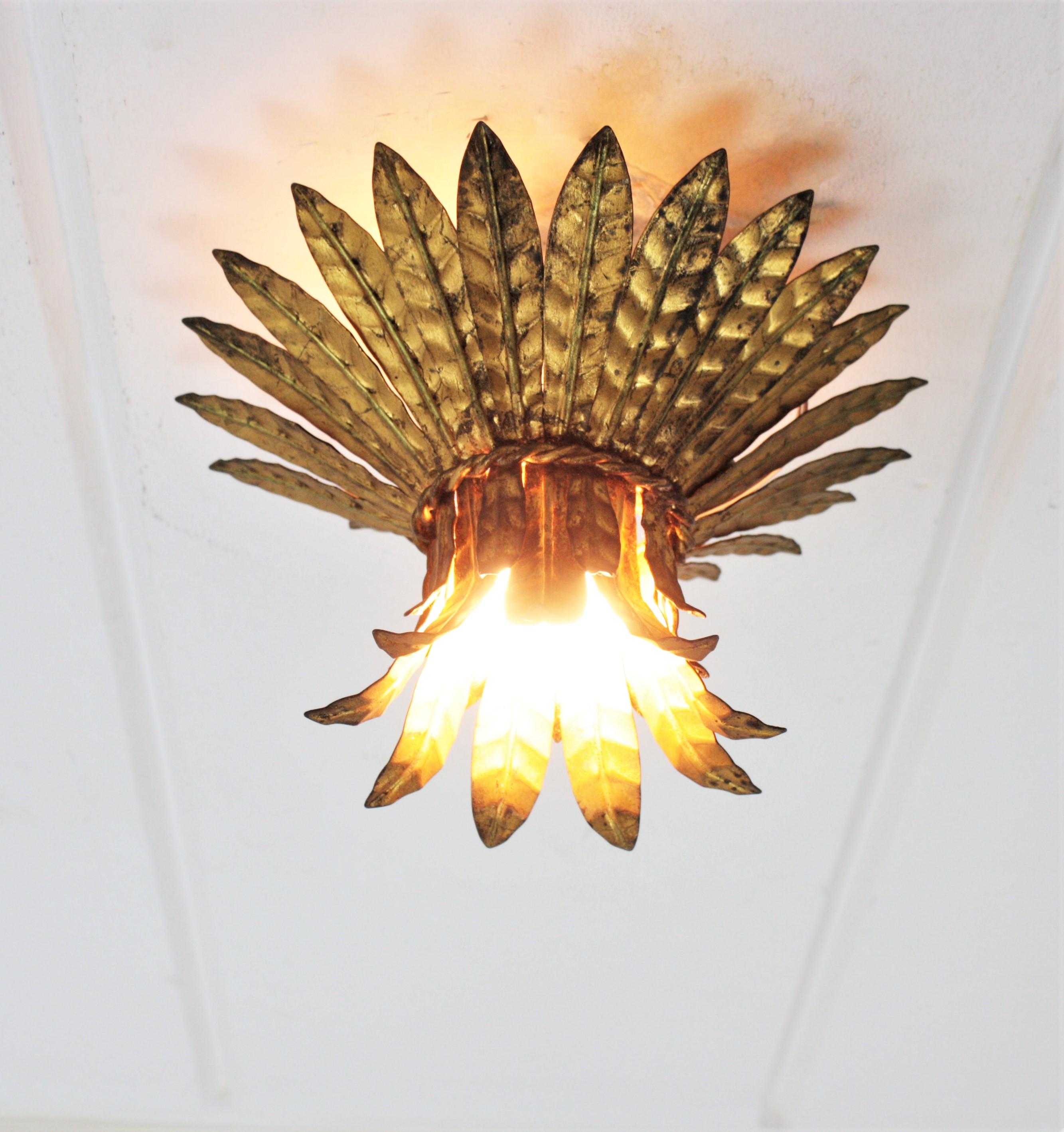French 1940s Gilt Metal Leaves Bouquet Crown Ceiling Light Fixture 3