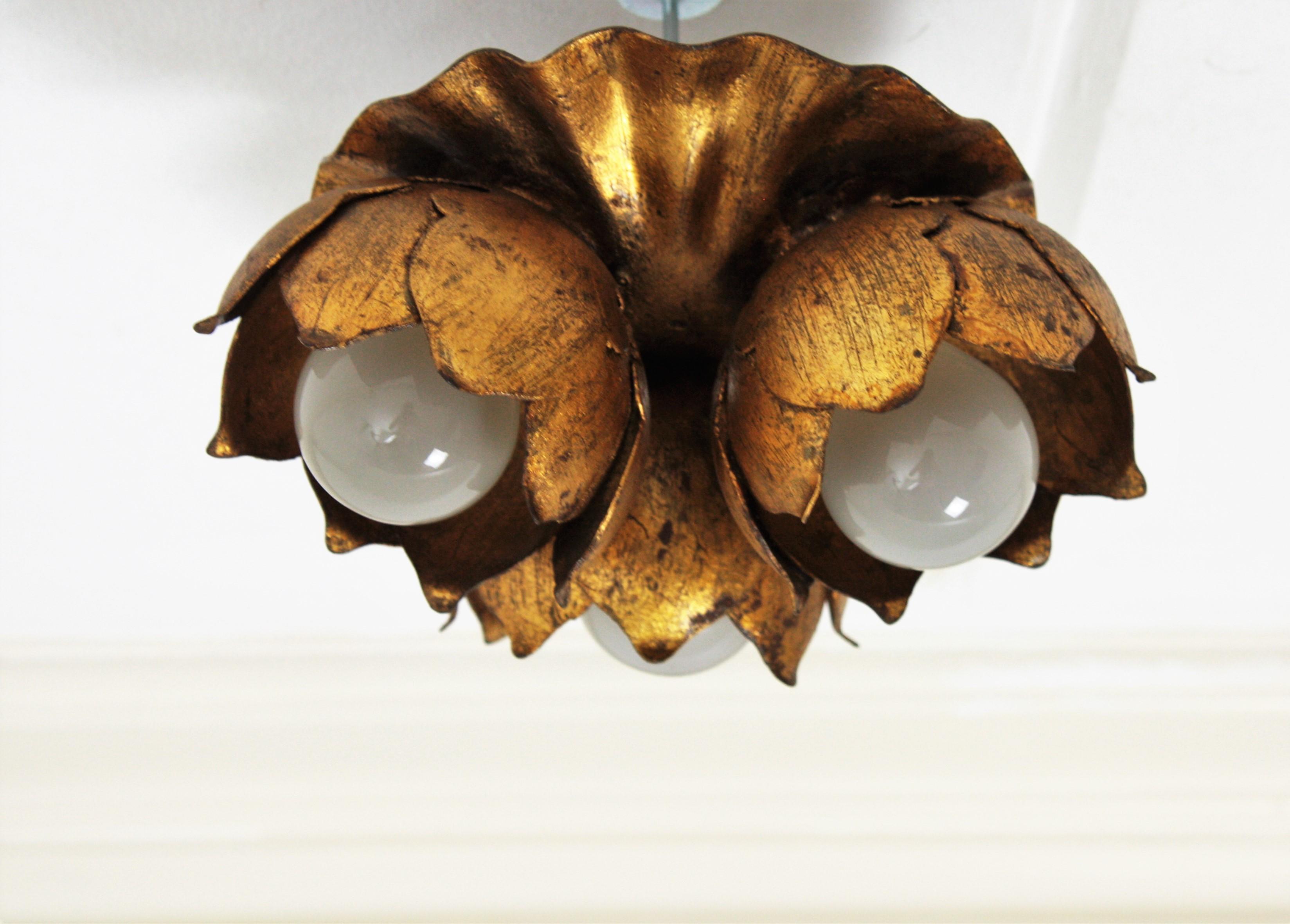 French 1940s Gilt Metal Three Light Floral Bouquet Wall / Ceiling Light Fixture 8