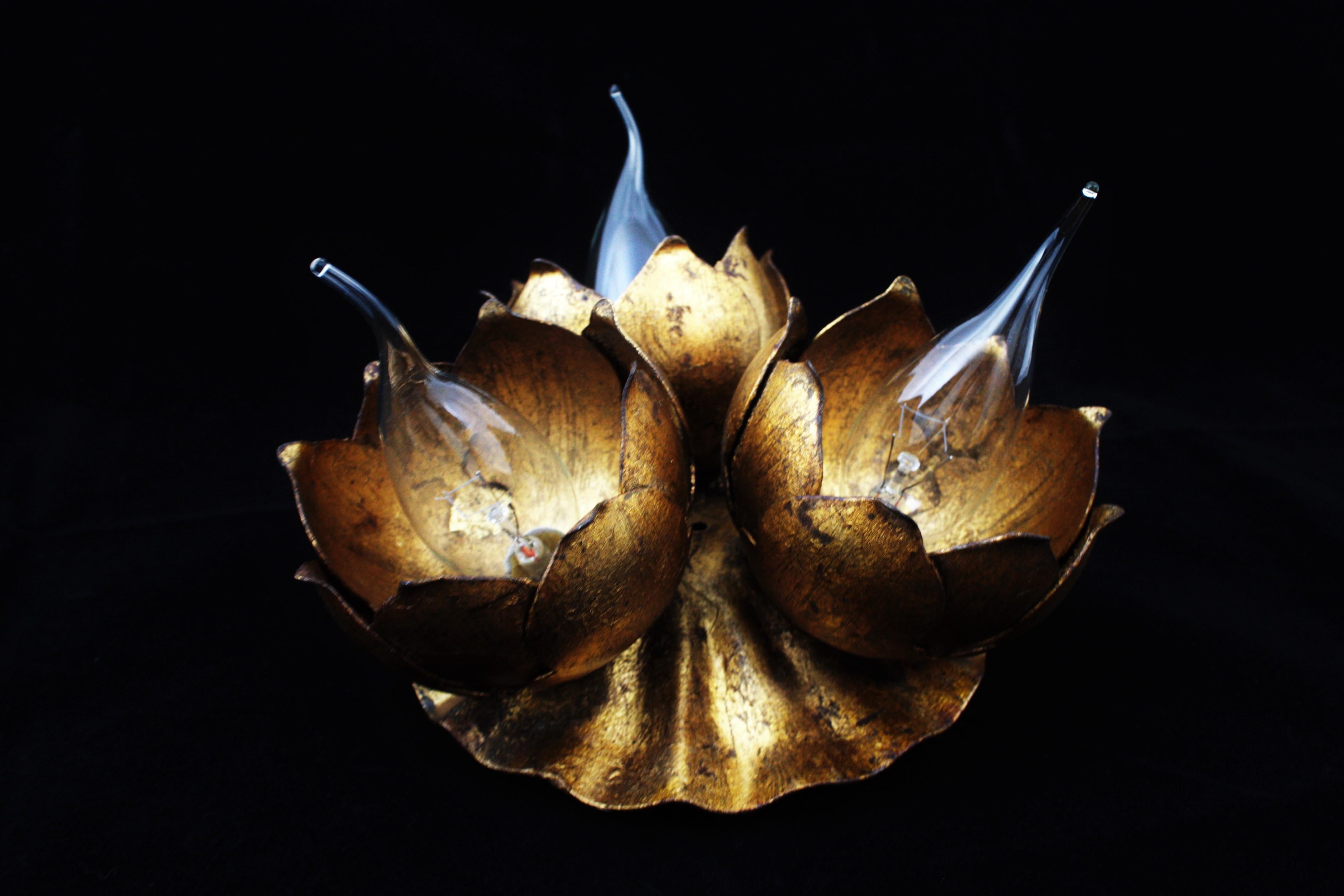 20th Century French 1940s Gilt Metal Three Light Floral Bouquet Wall / Ceiling Light Fixture