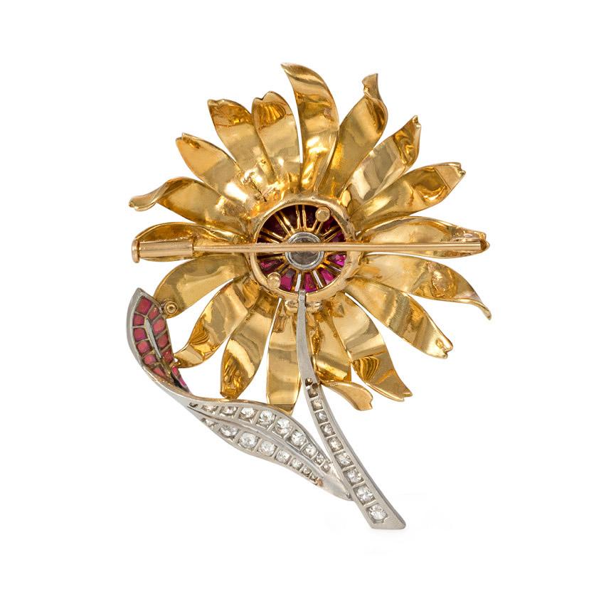 Retro French 1940s Gold, Ruby, and Diamond Flower Brooch