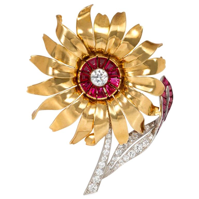 French 1940s Gold, Ruby, and Diamond Flower Brooch