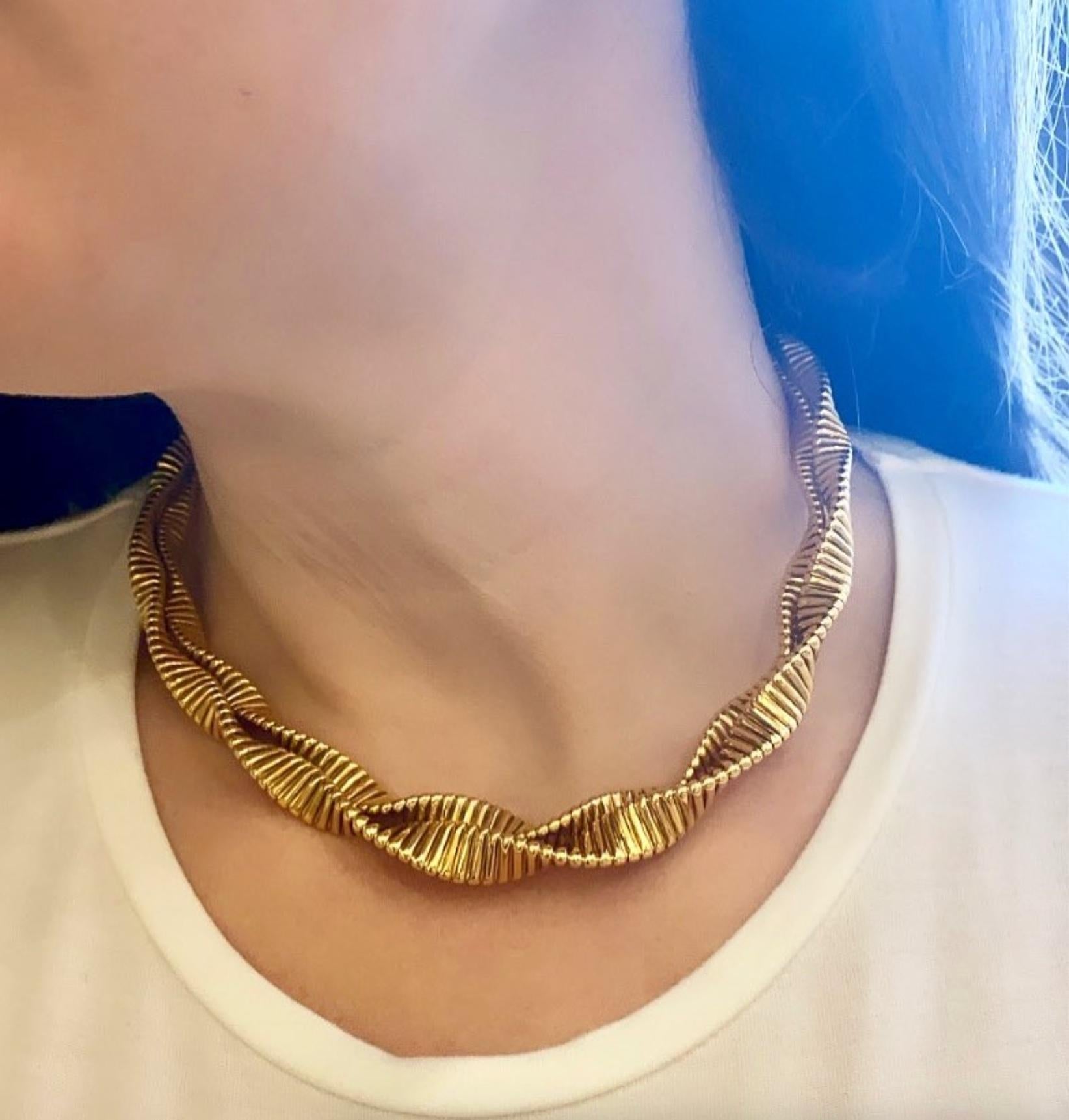 Retro French 1940s Gold Twisted Gas Pipe Necklace