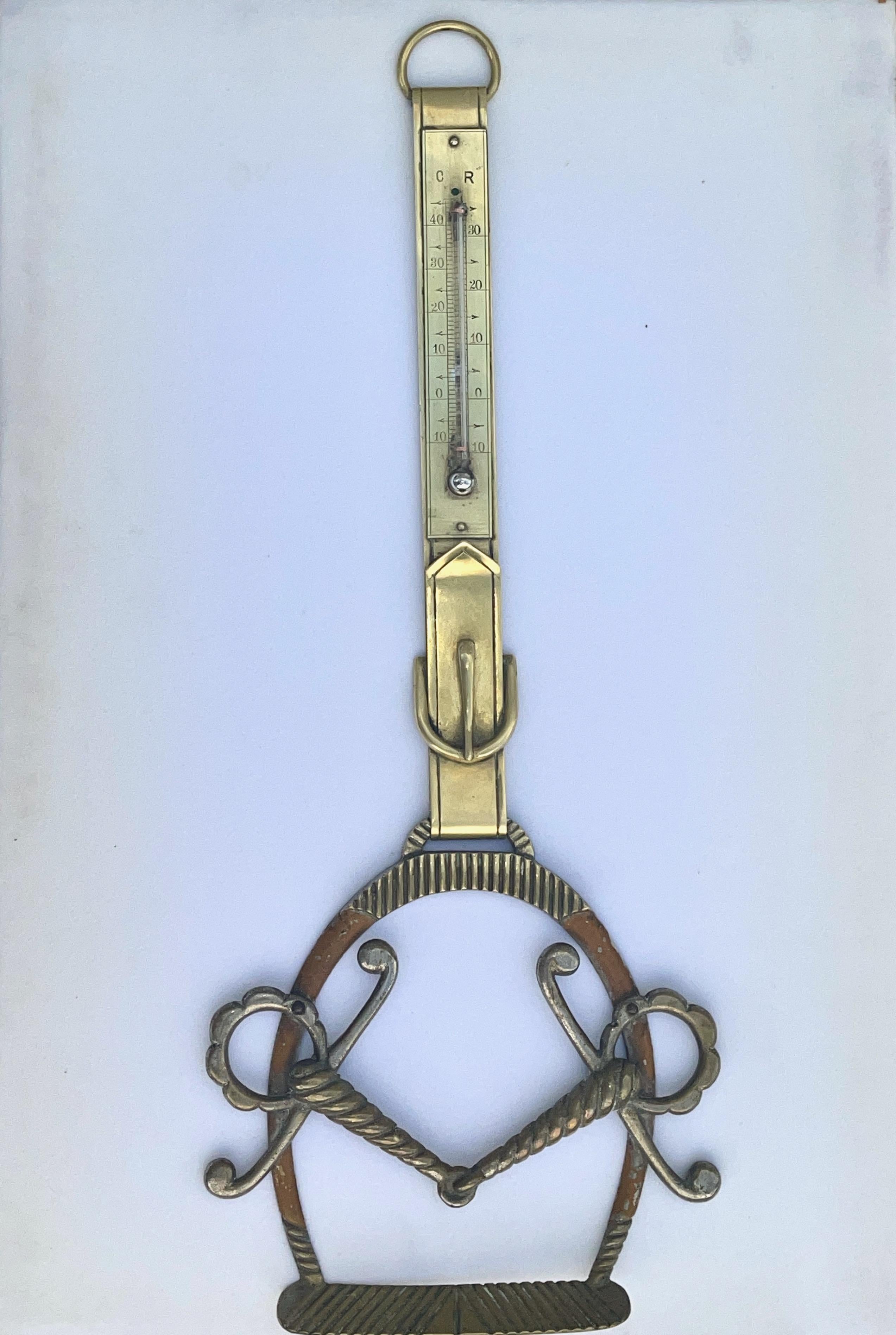 Even Maria Pergay would have to respect the quality and artfulness of the brass-work on this wall hanging in the form of a stirrup suspended from a buckled harness made of hand riveted sheets of brass.
Unusually, the brass strap is engraved with