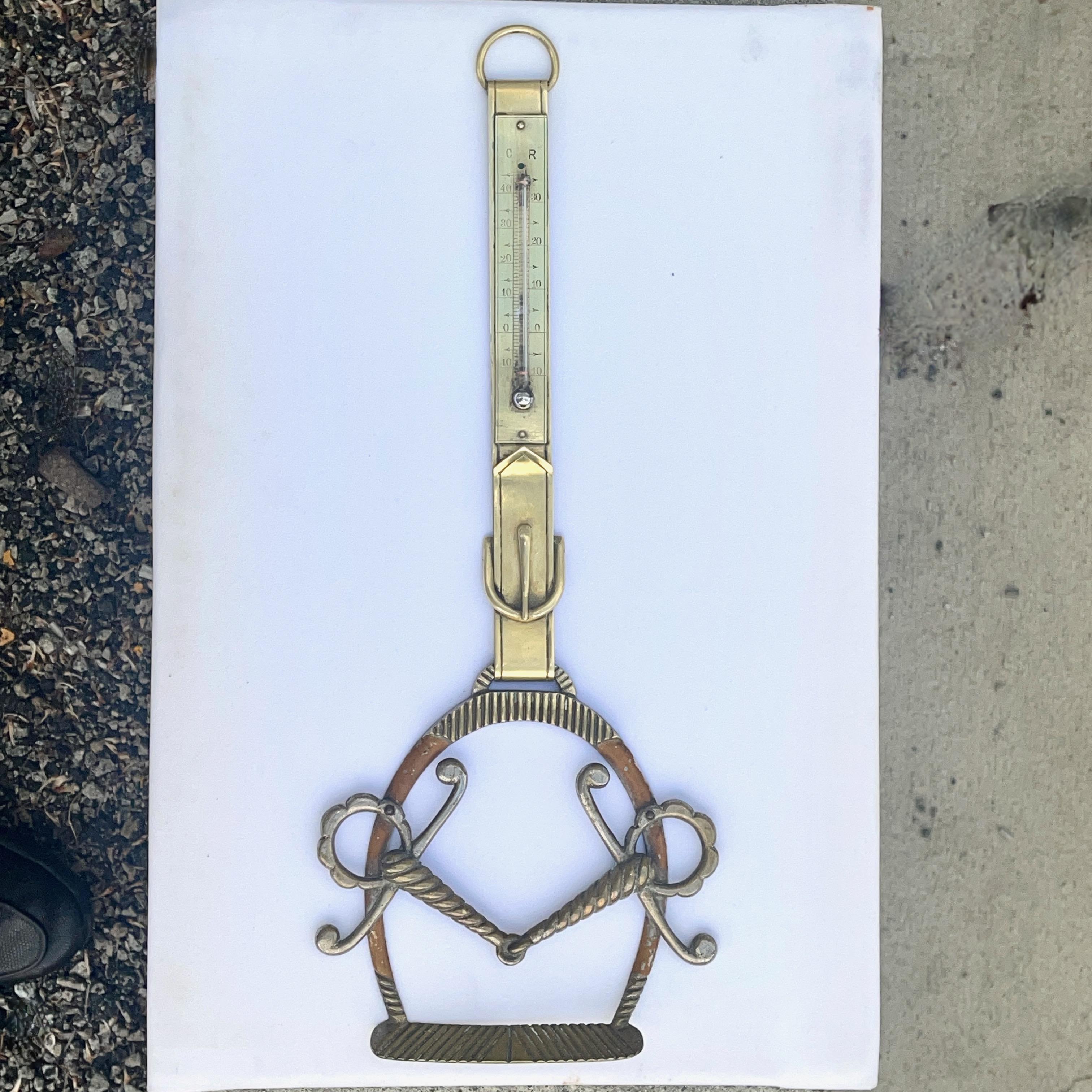French 1940's Equestrian Brass & Mercury-in-Glass Thermometer In Good Condition For Sale In Hanover, MA