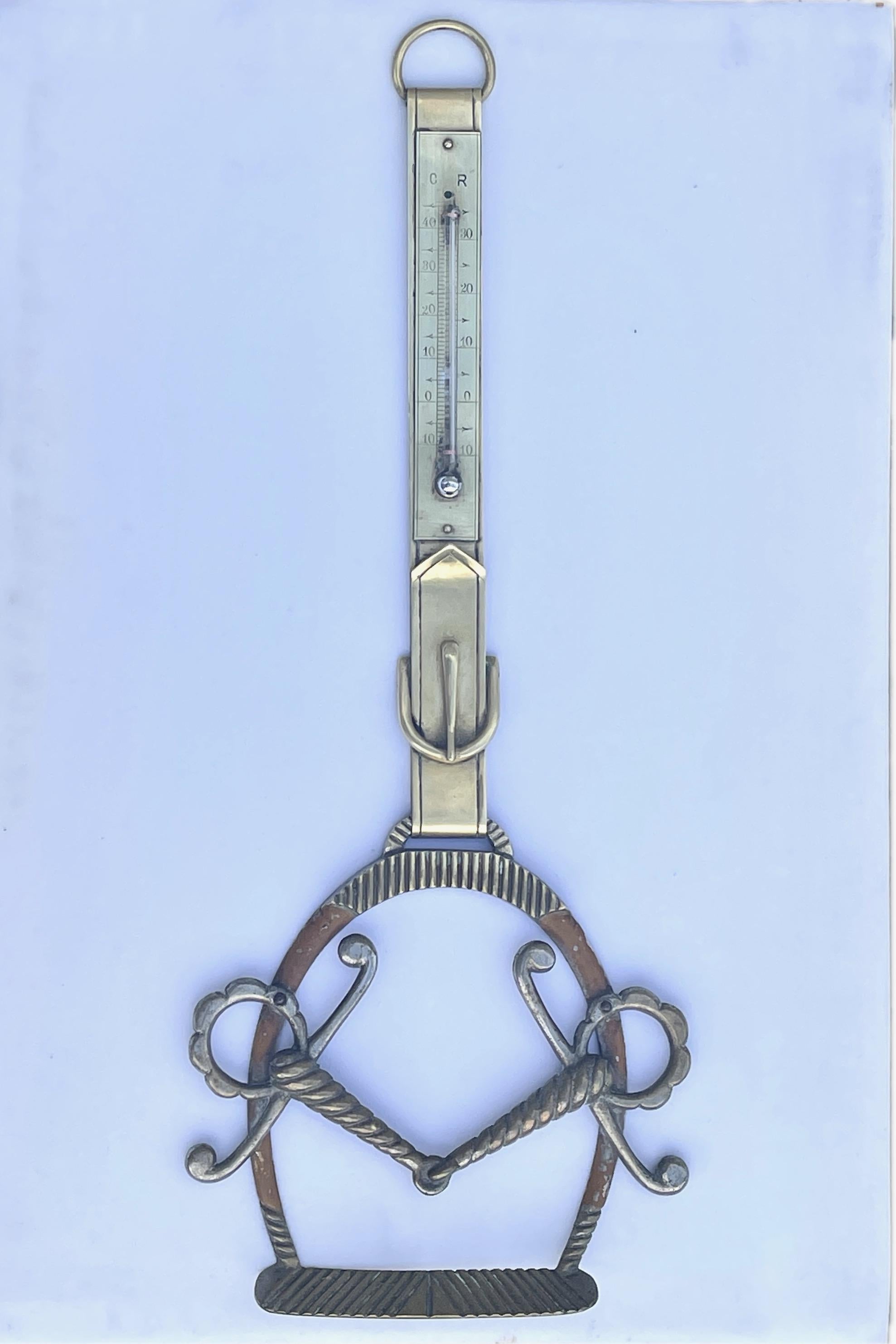French 1940's Equestrian Brass & Mercury-in-Glass Thermometer For Sale 2