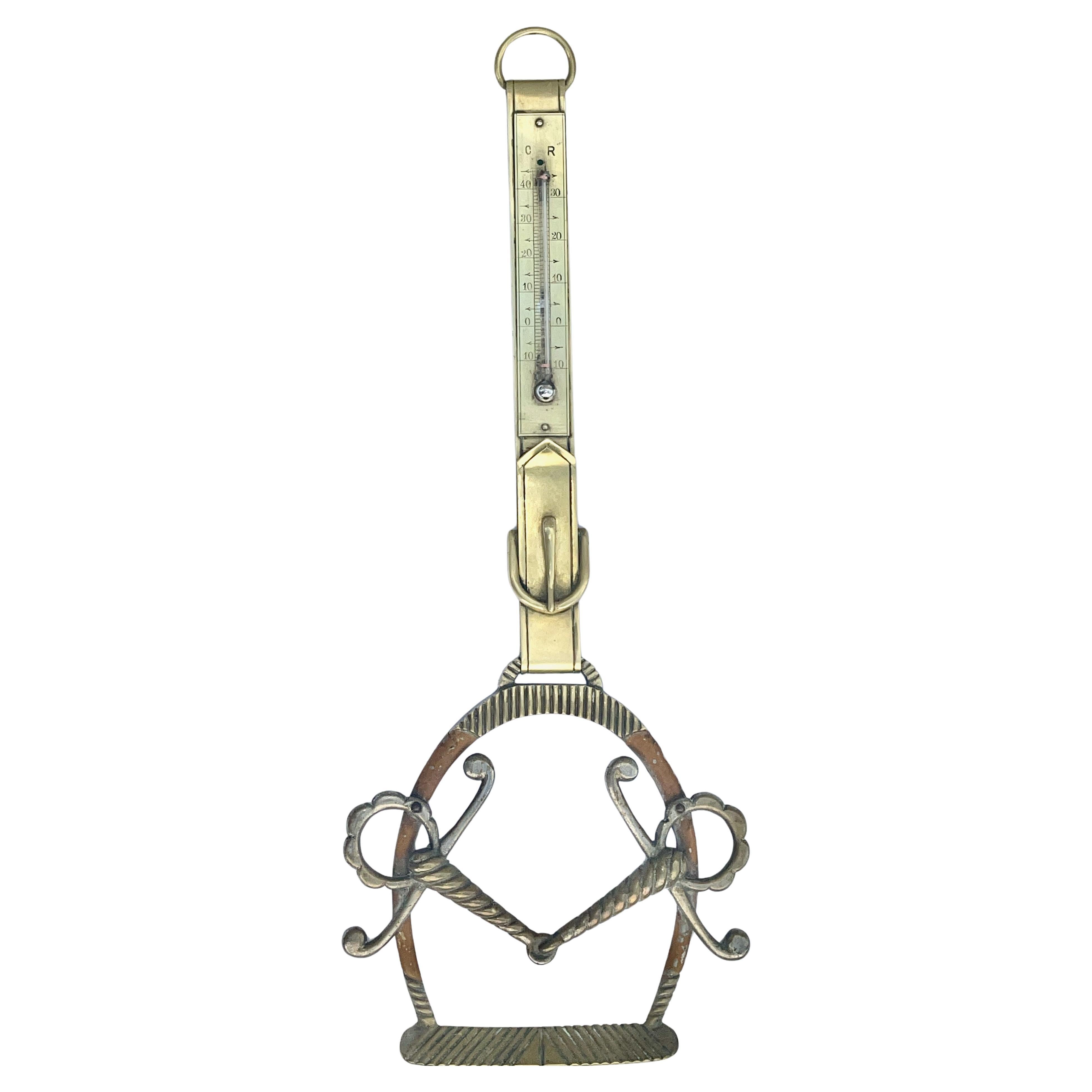 French 1940's Equestrian Brass & Mercury-in-Glass Thermometer For Sale
