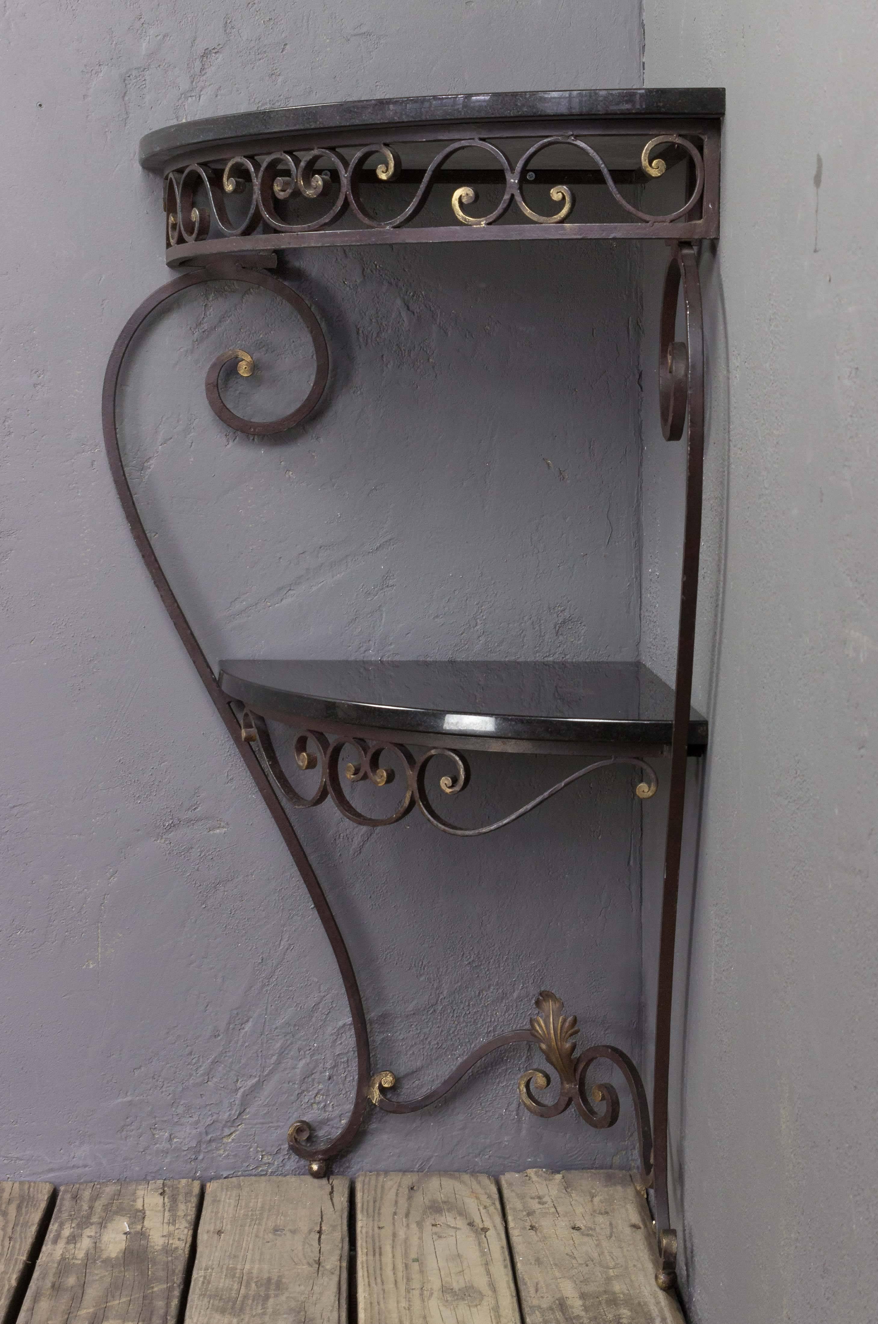 Polished French 1940s Iron and Granite Corner Console For Sale