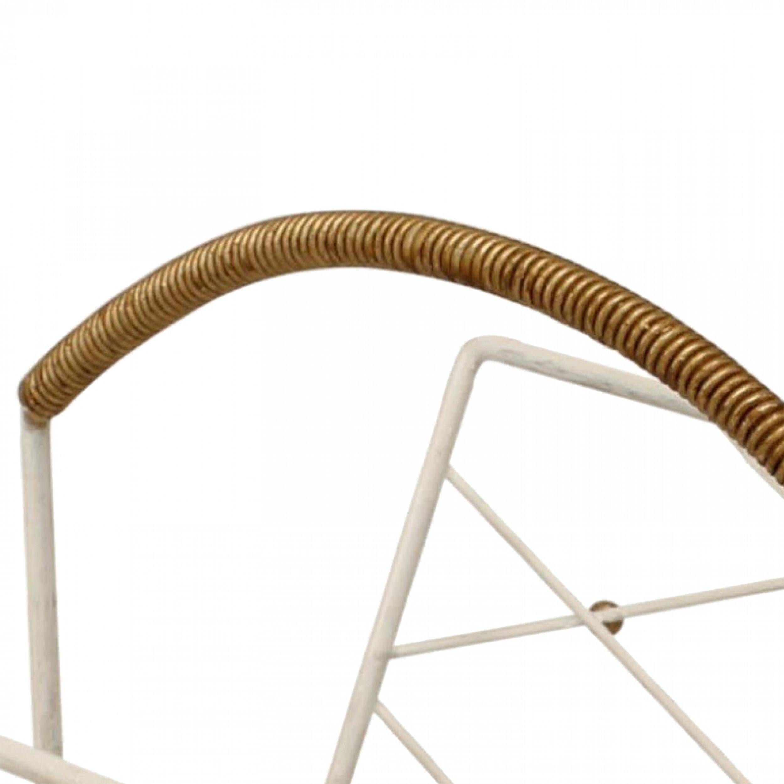 French 1940s white painted iron magazine rack with open lattice design and gilt ball trim with a coil form handle. (manner of Jean Prouve)