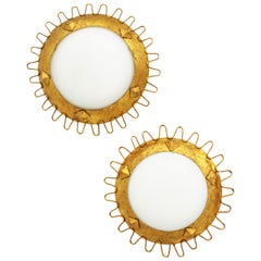 French 1940s Jean Royère Style Gilt Iron Milk Glass Sunburst Light Fixture