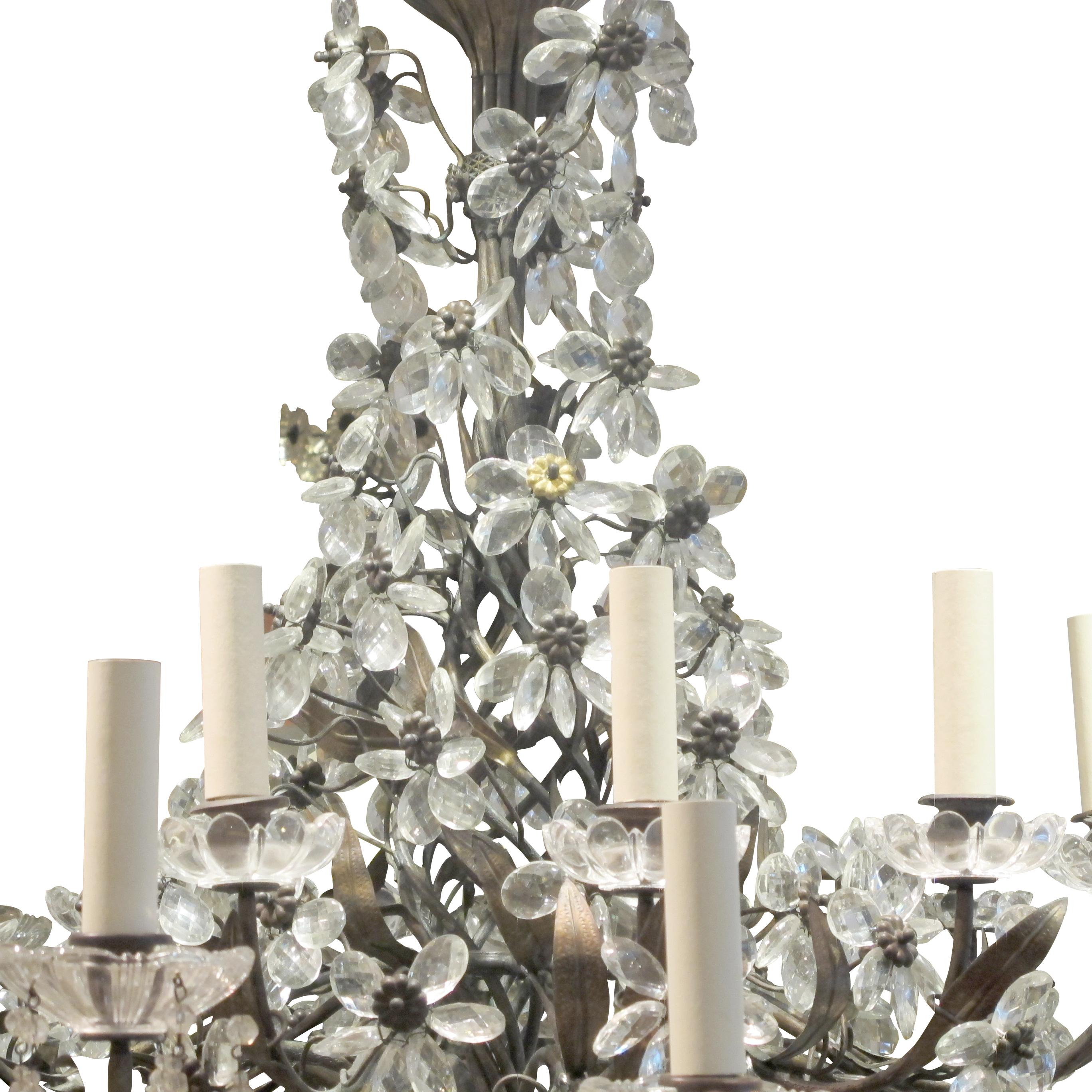 Belle Époque French 1940s Large 24 Branch Leafy Chandelier with Crystal flowers  For Sale