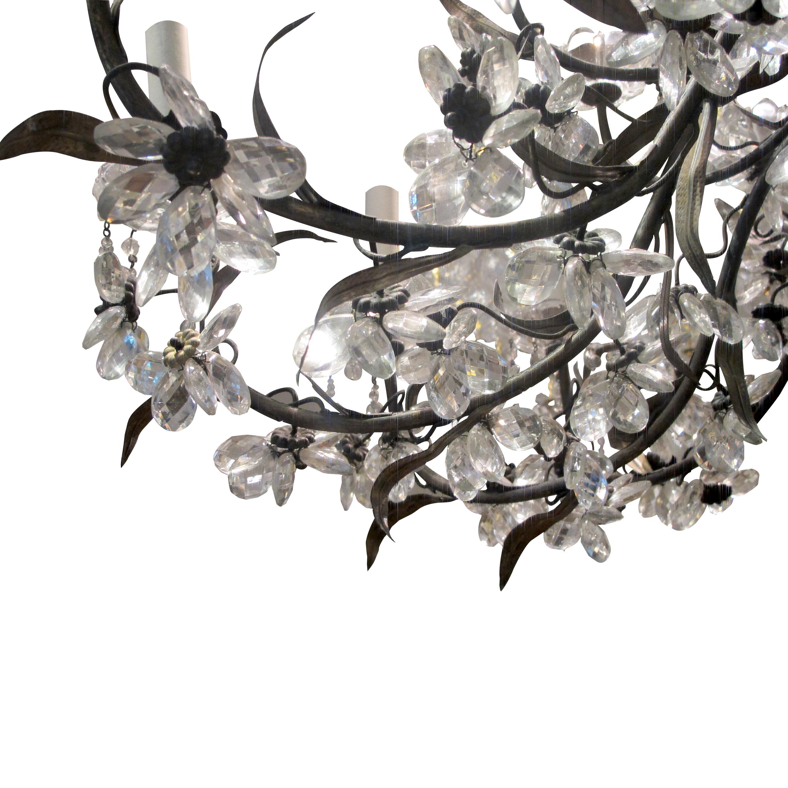 Other French 1940s Large 24 Branch Leafy Chandelier with Crystal flowers  For Sale