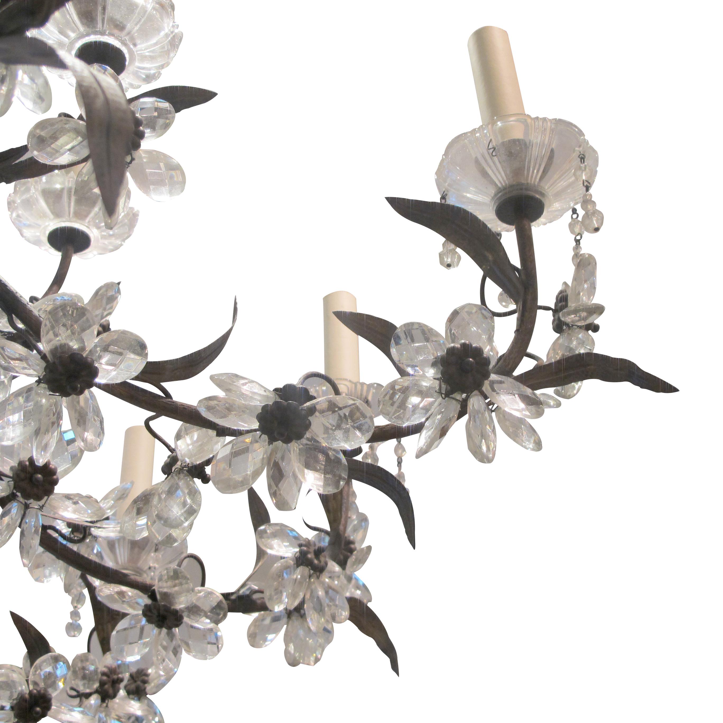 French 1940s Large 24 Branch Leafy Chandelier with Crystal flowers  In Good Condition For Sale In London, GB