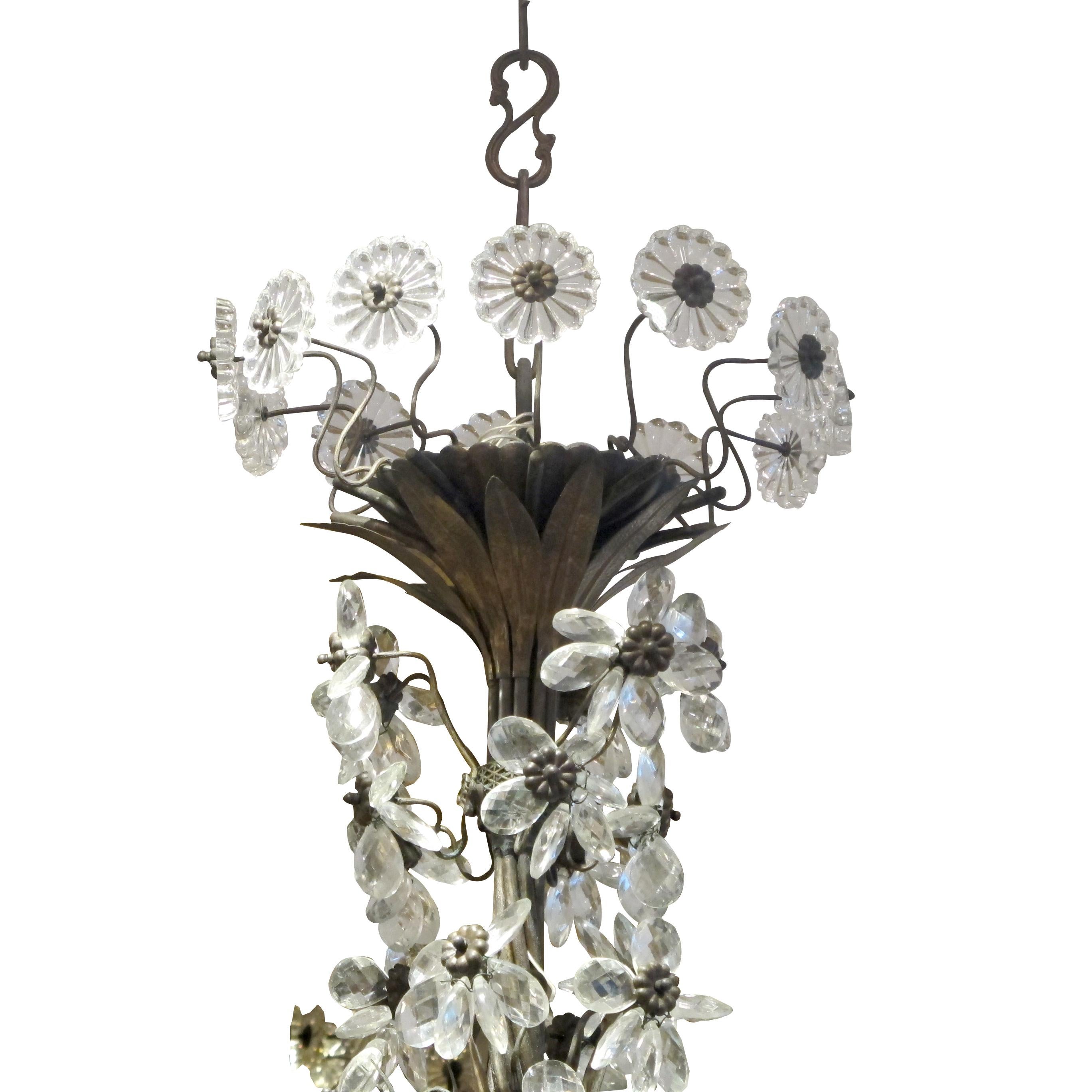 Mid-20th Century French 1940s Large 24 Branch Leafy Chandelier with Crystal flowers  For Sale
