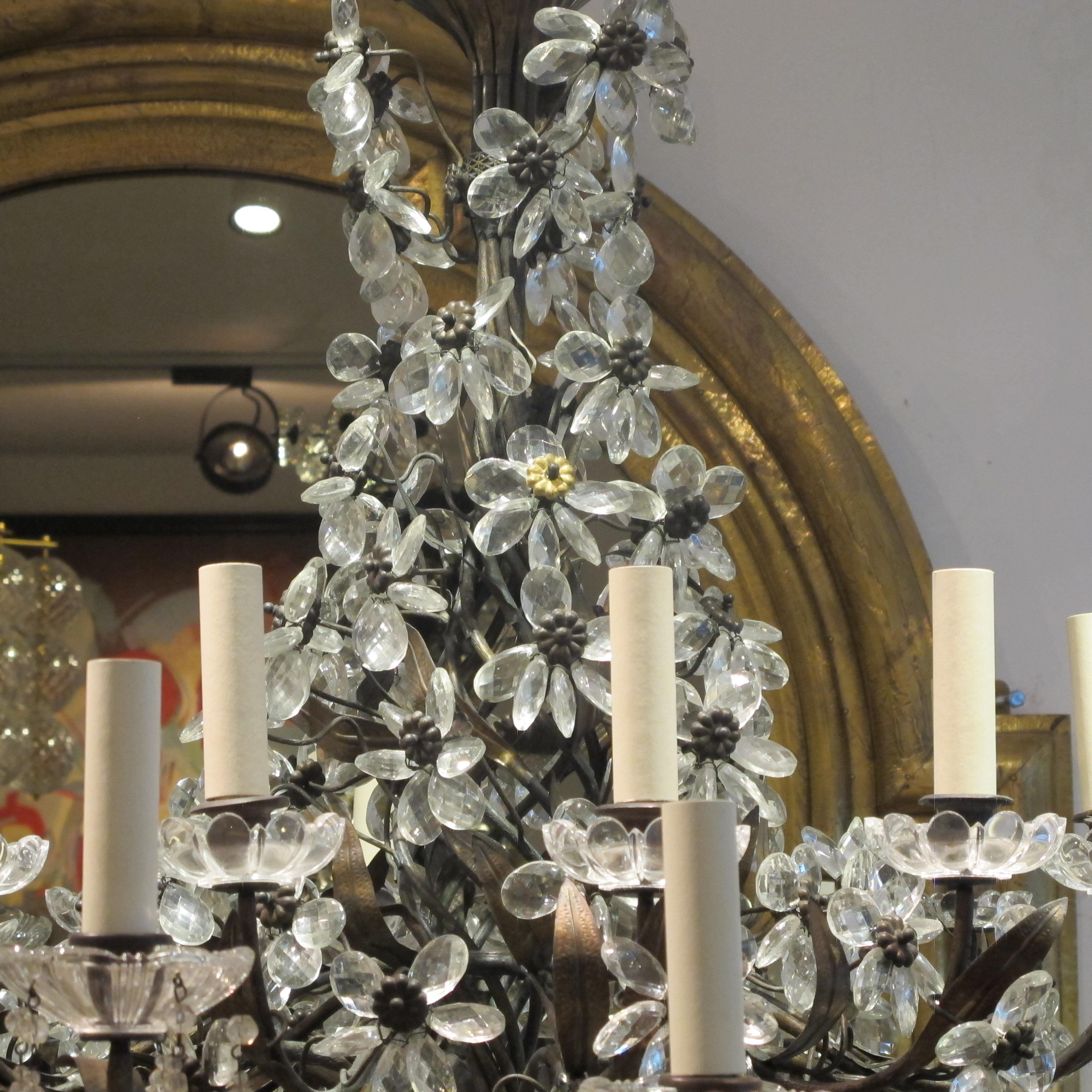 French 1940s Large 24 Branch Leafy Chandelier with Crystal flowers  For Sale 1