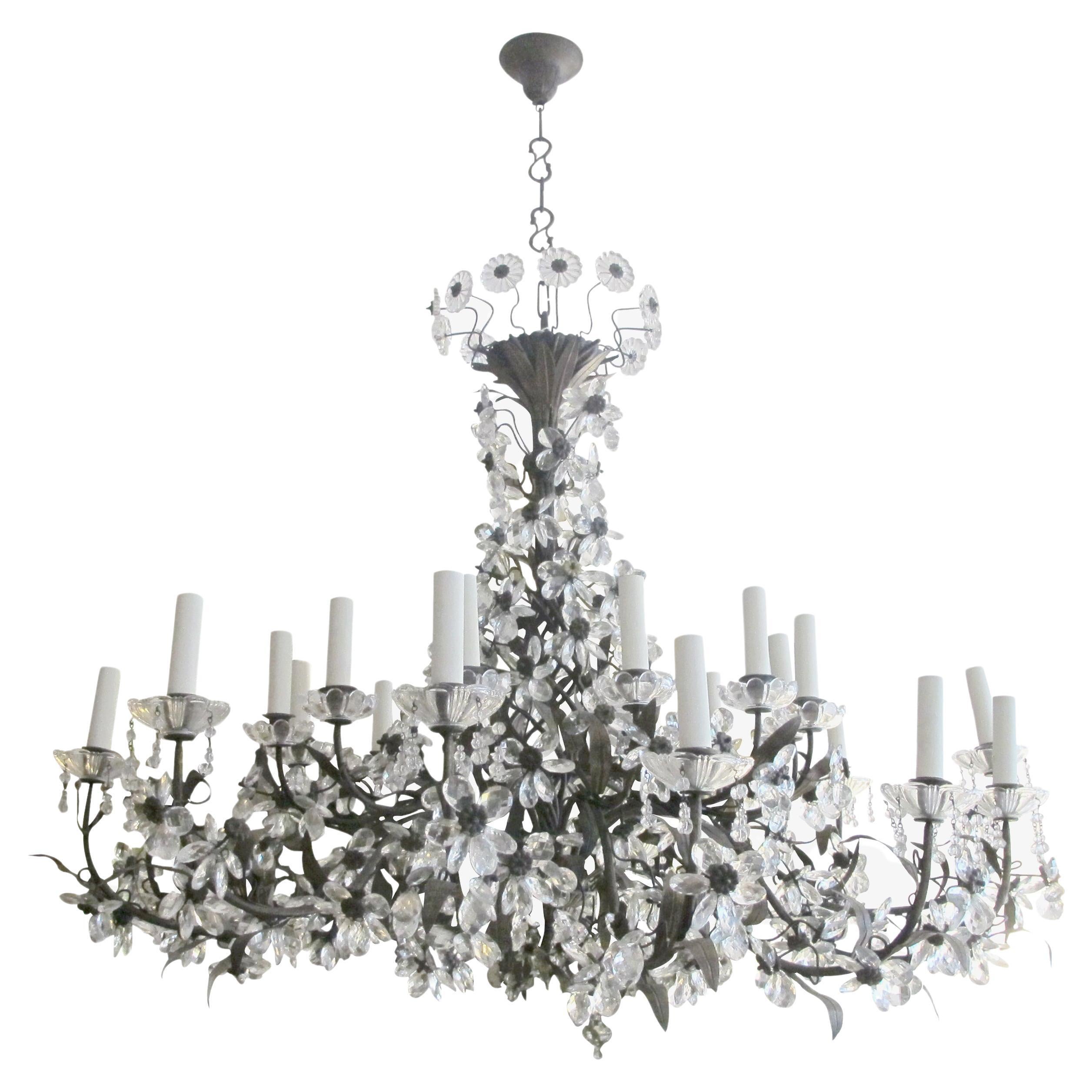 French 1940s Large 24 Branch Leafy Chandelier with Crystal flowers 