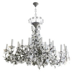 French 1940s Large 24 Branch Leafy Chandelier with Crystal flowers