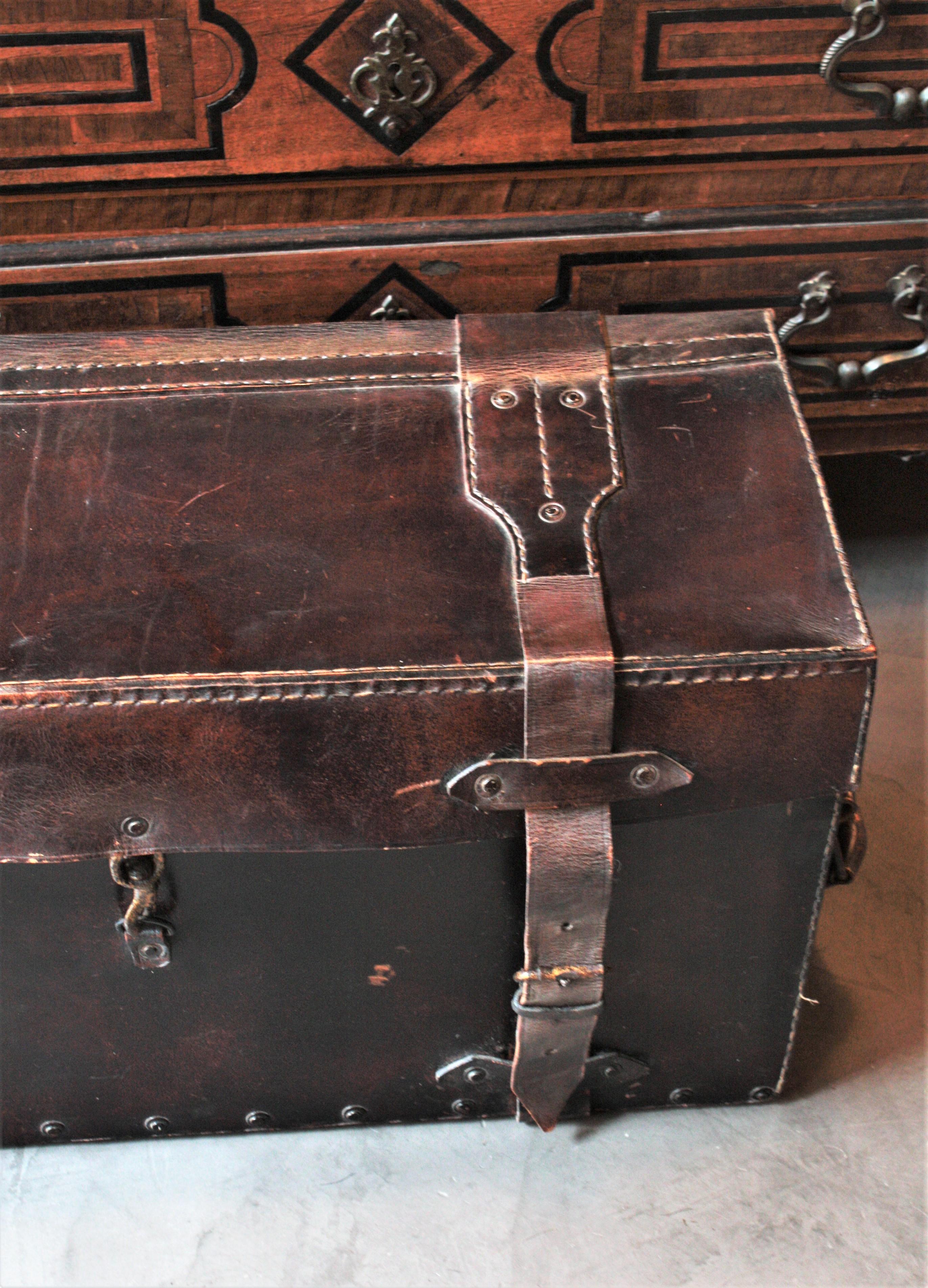 Mid-Century Modern Leather Travel Trunk with Handles, France, 1940s For Sale