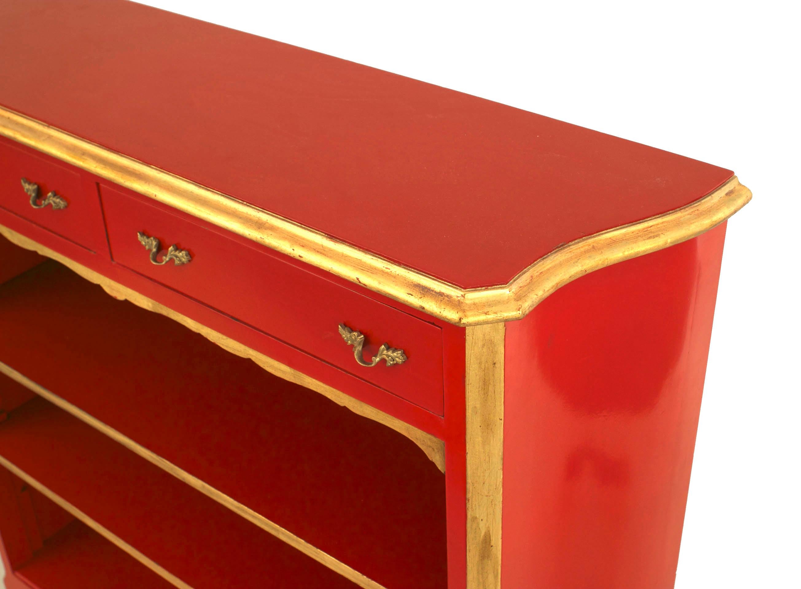 Giltwood Maison Jansen French Louis XV Style Red Lacquered & Gilt Trimmed Bookcase For Sale