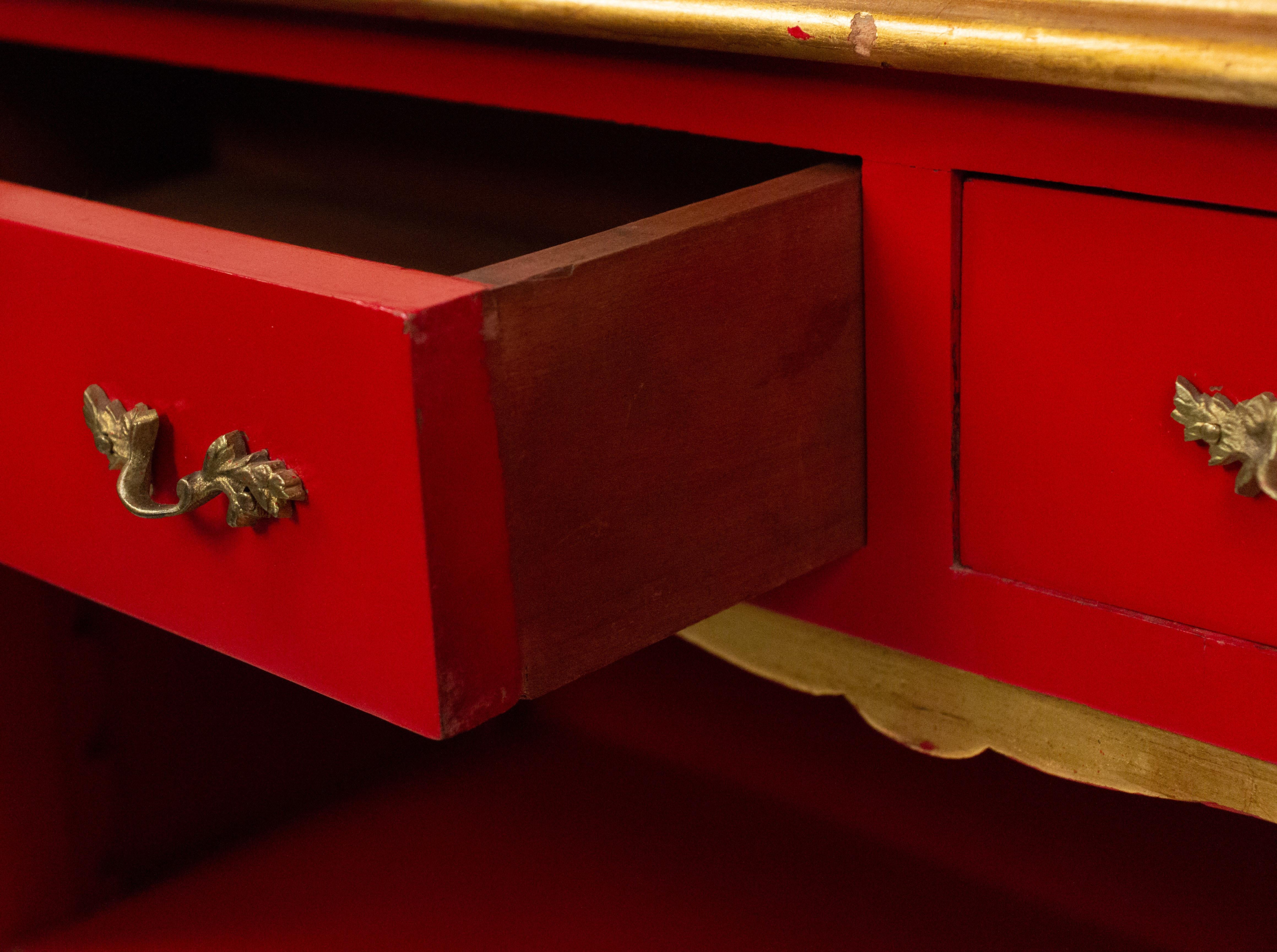 20th Century Maison Jansen French Louis XV Style Red Lacquered & Gilt Trimmed Bookcase For Sale