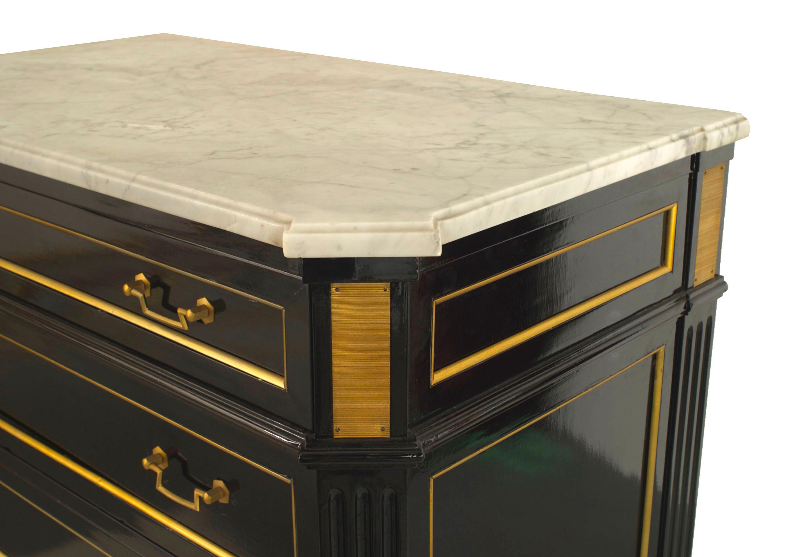 French Louis XVI style (1940s) ebonized high chest having 6 bronze trimmed drawers with handles and a white marble top. (stamped: JANSEN)
