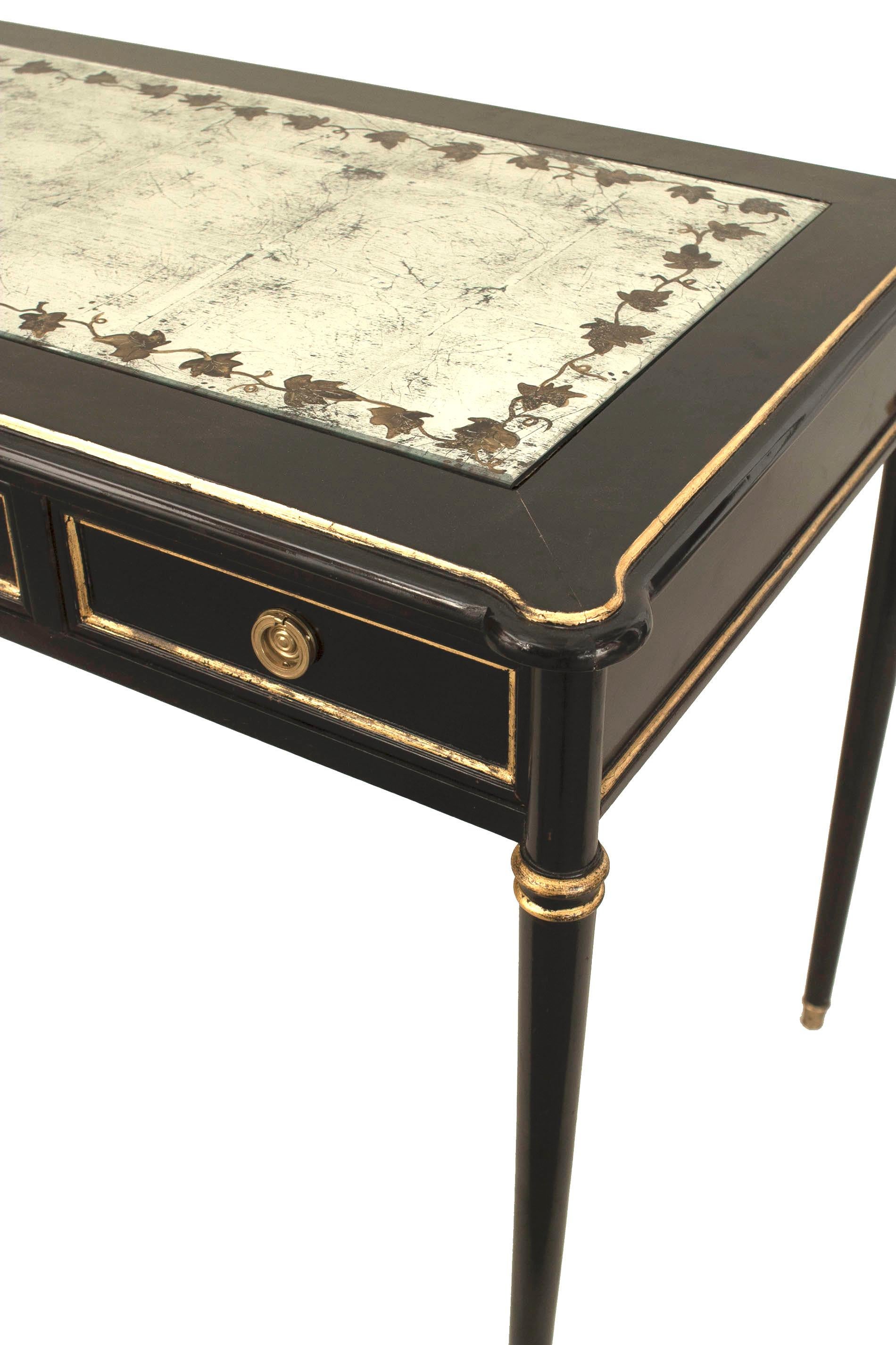 French Louis XVI Style Jansen Ebonized Table Desk with √âglomis√© Top In Good Condition In New York, NY