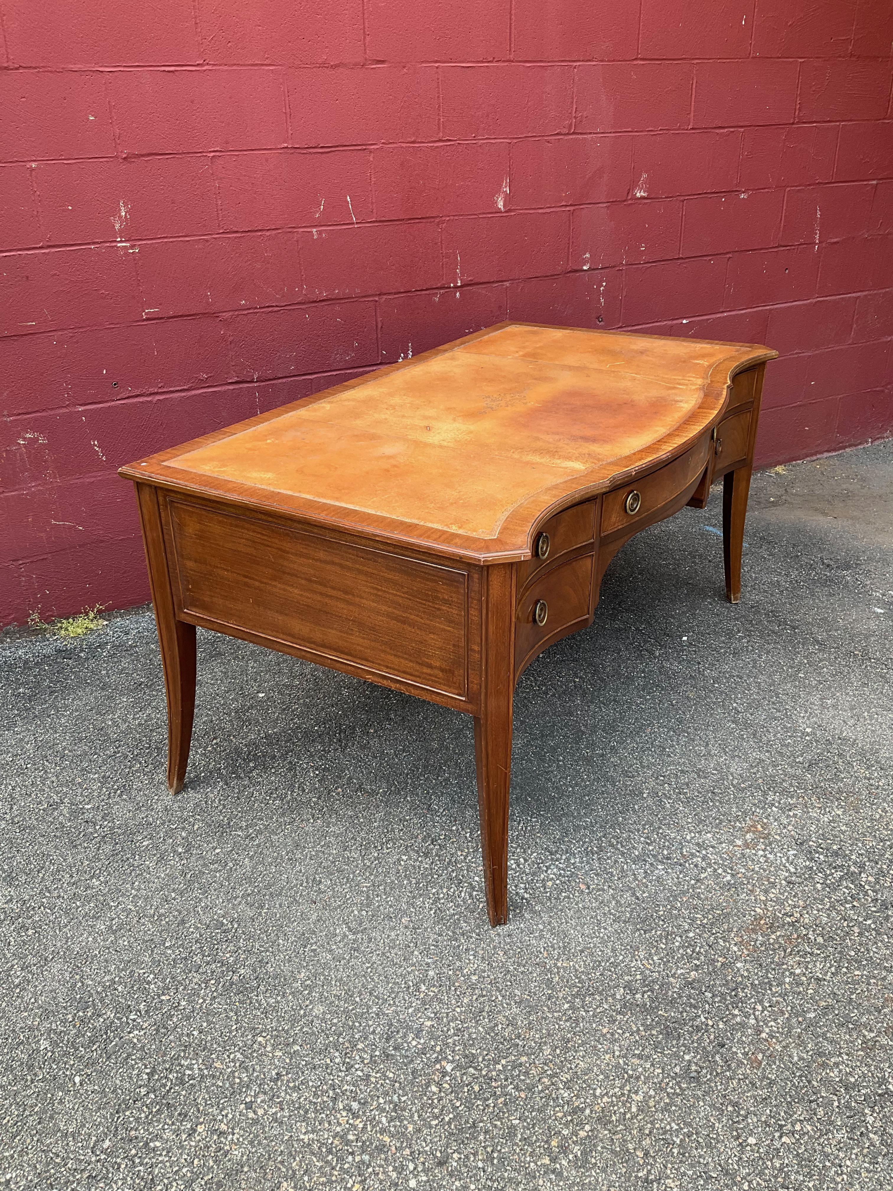 French 1940s Leather Top Mahogany Desk For Sale 1